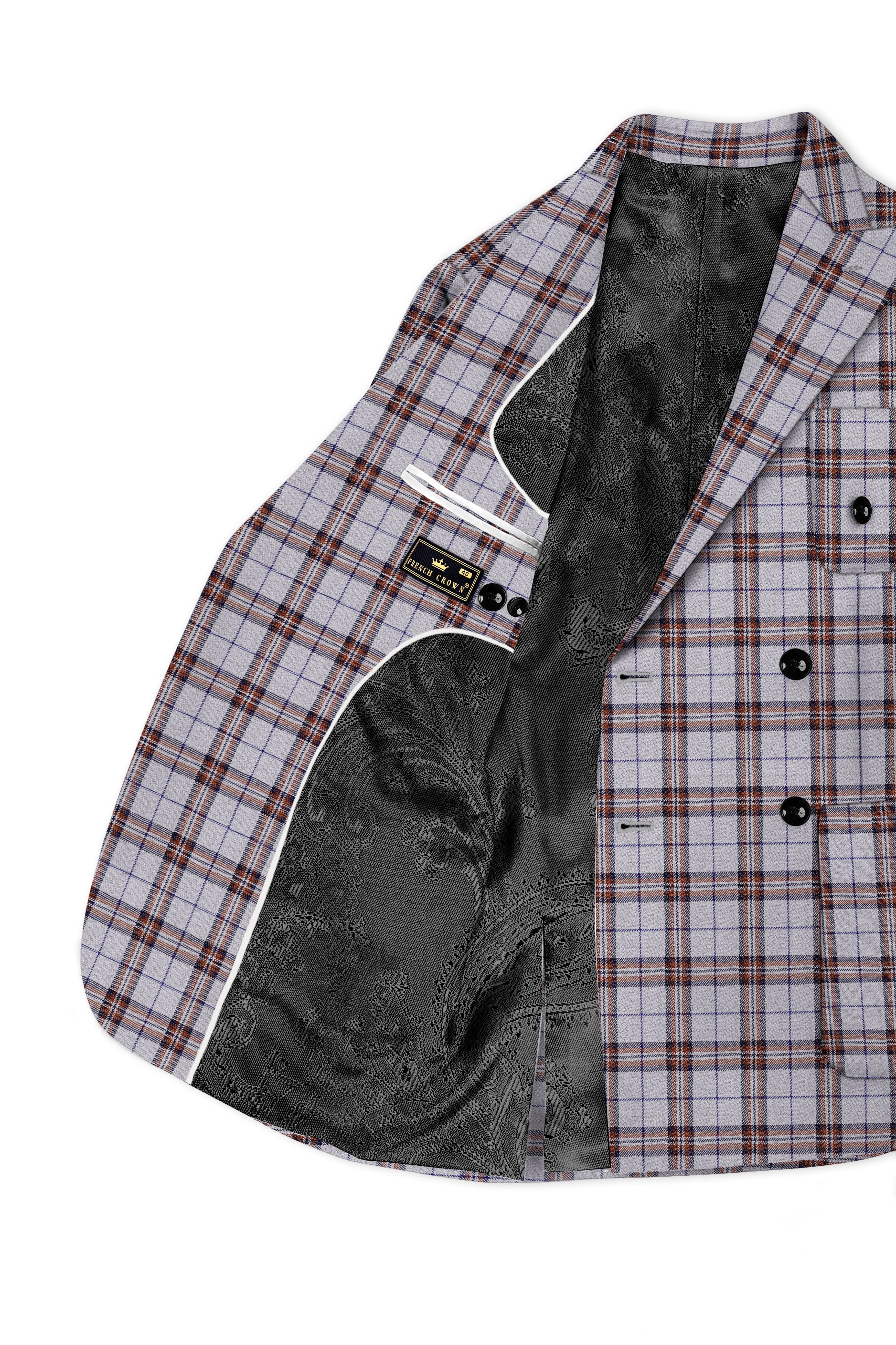 Cadet Grey with Maroon and Blue Plaid Double Breasted Tweed Blazer