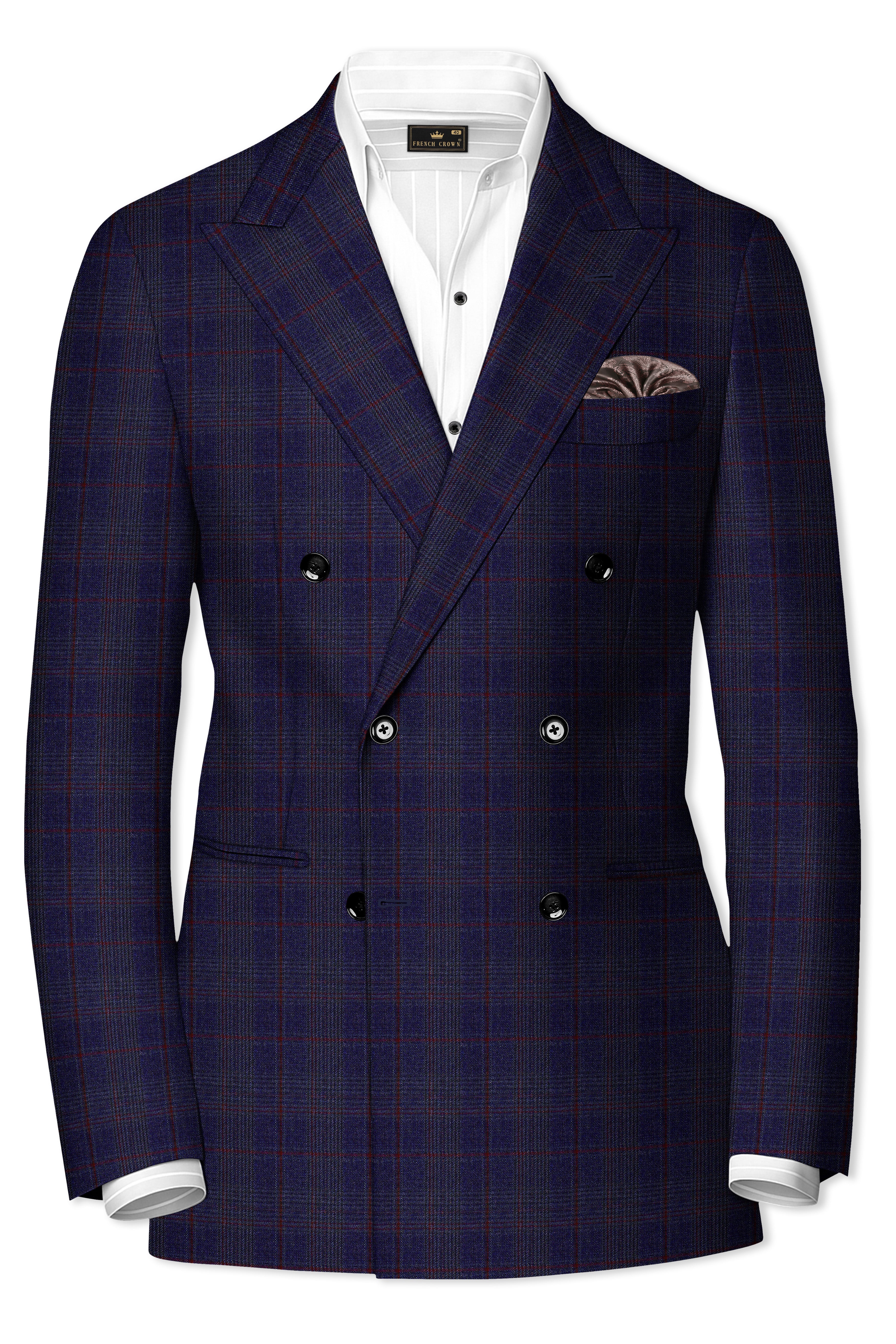 Tuna Blue Checkered Wool Blend Double Breasted Blazer