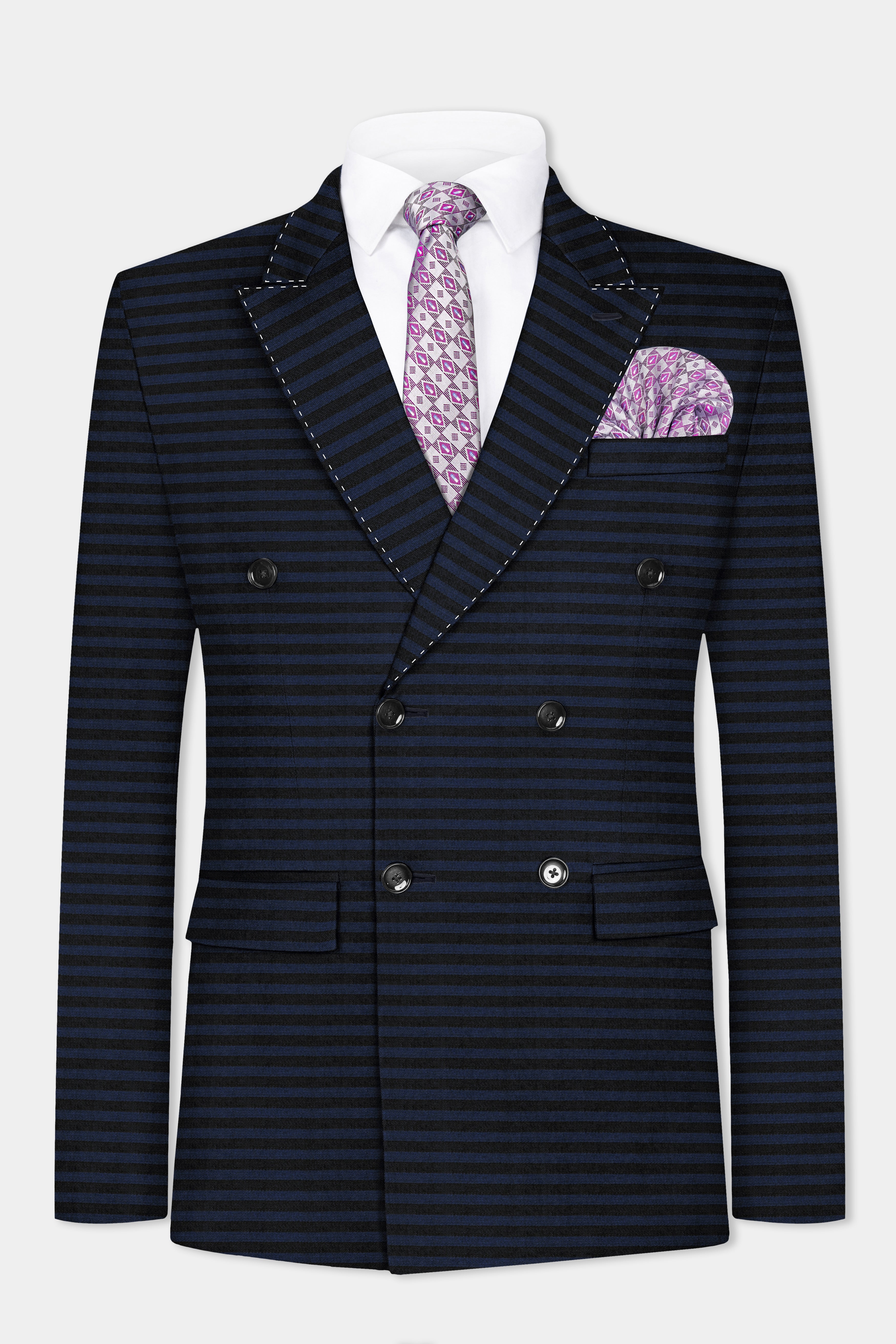 Mirage Blue and Black Horizontal Striped Wool Blend Blazer