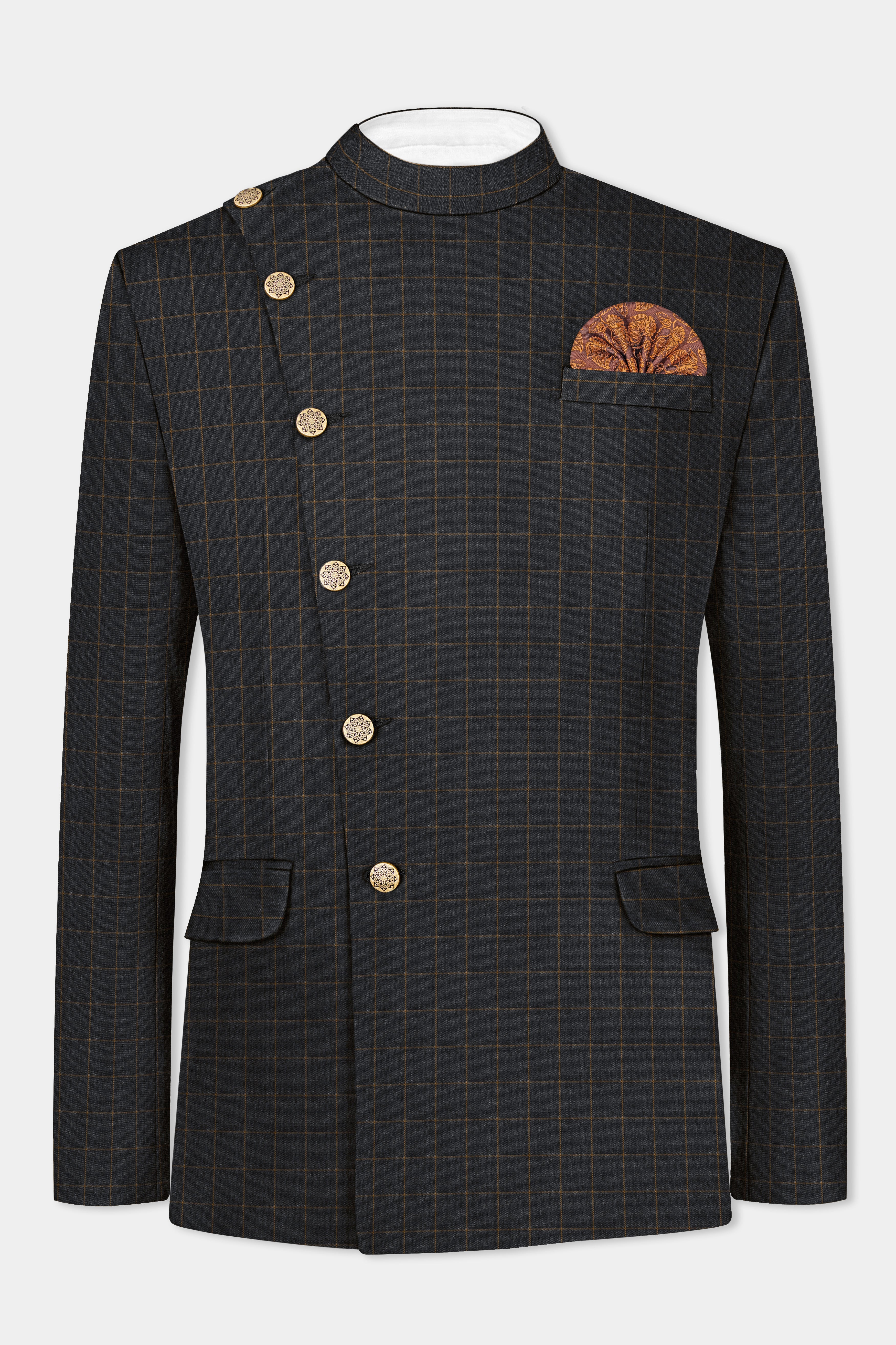 Gunmetal Gray with Dirt Brown Windowpane Wool Blend Blazer