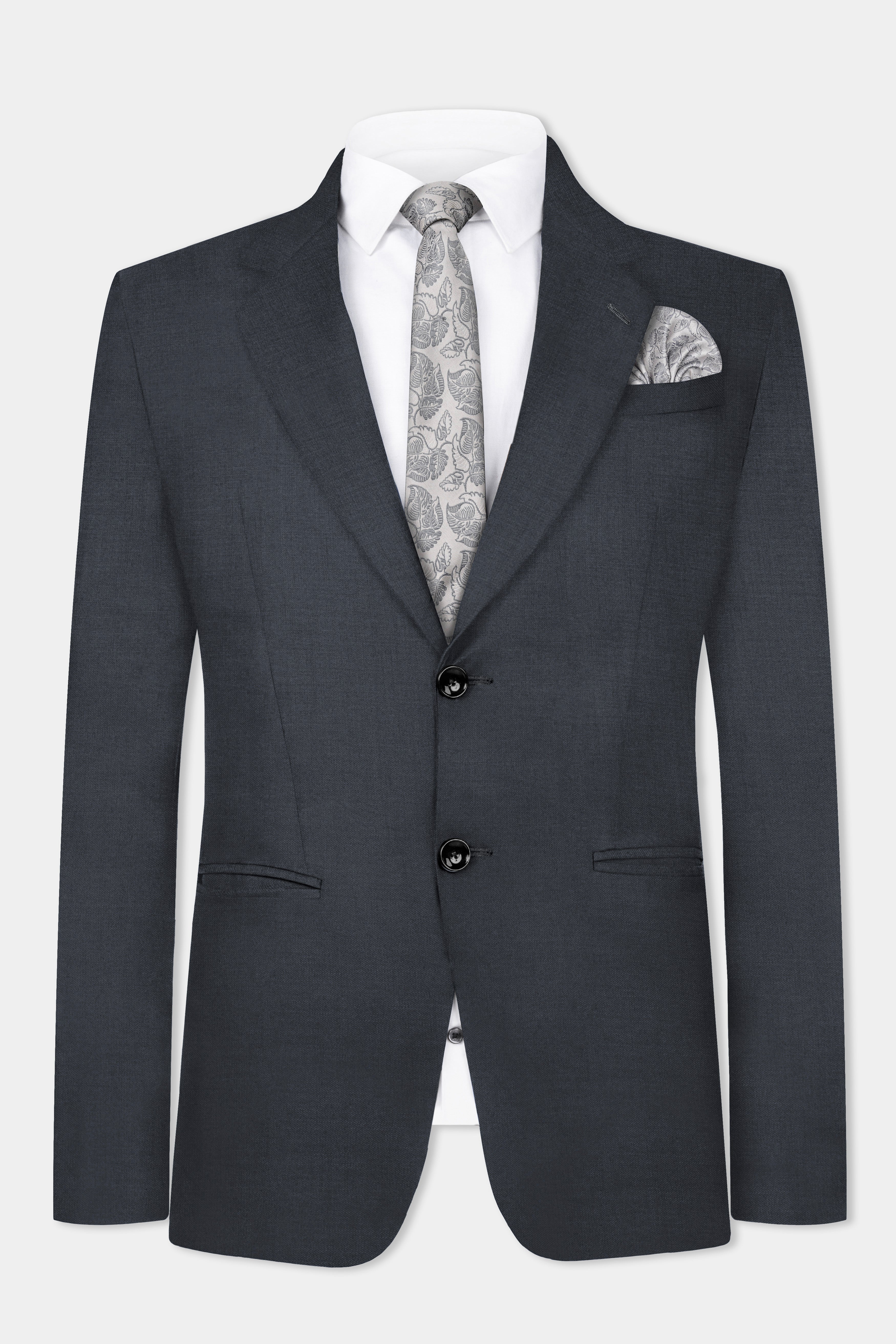 Dark Slate Grey Solid Wool Blend Blazer