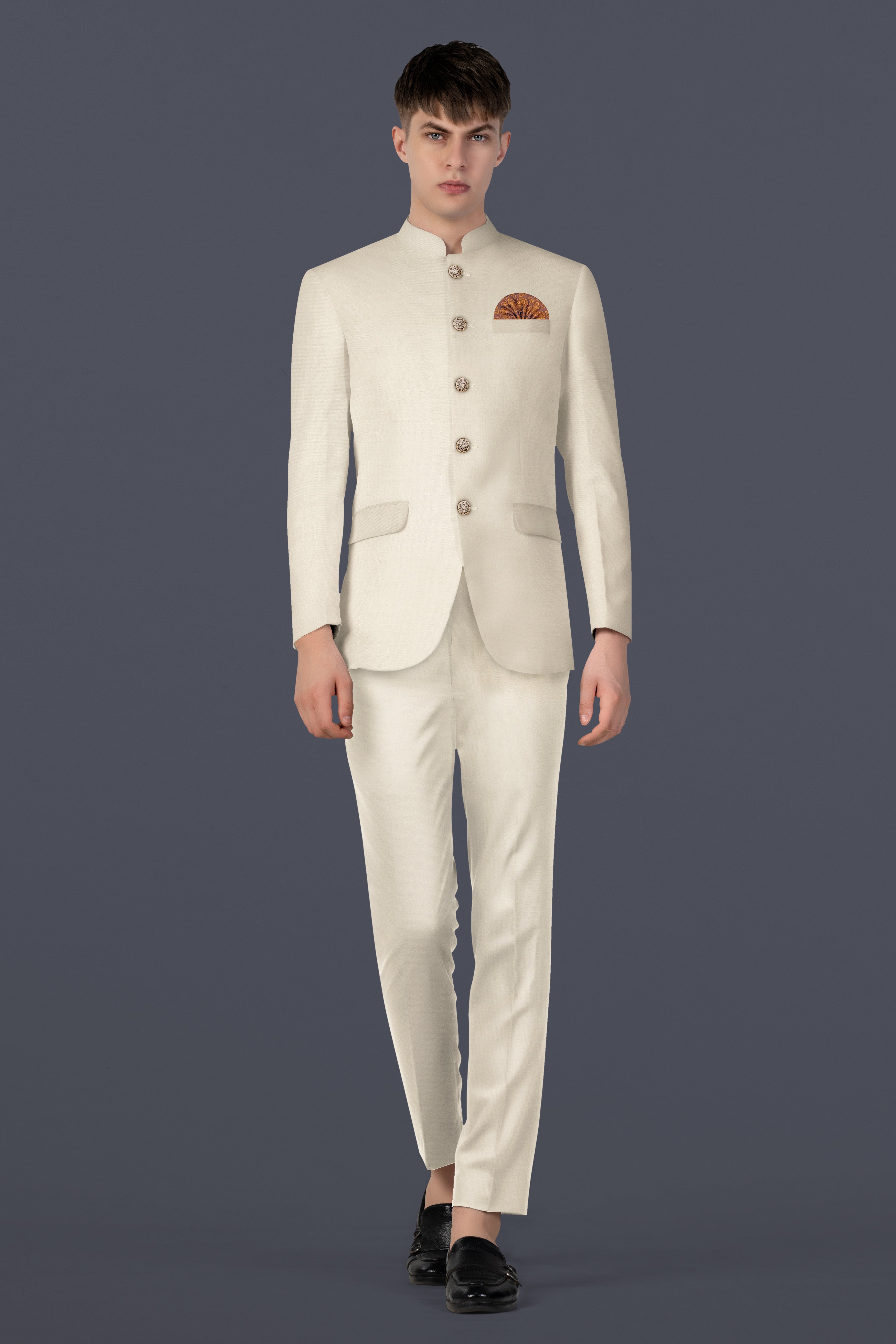 Moon Mist Cream Solid Wool Blend Bandhgala Blazer