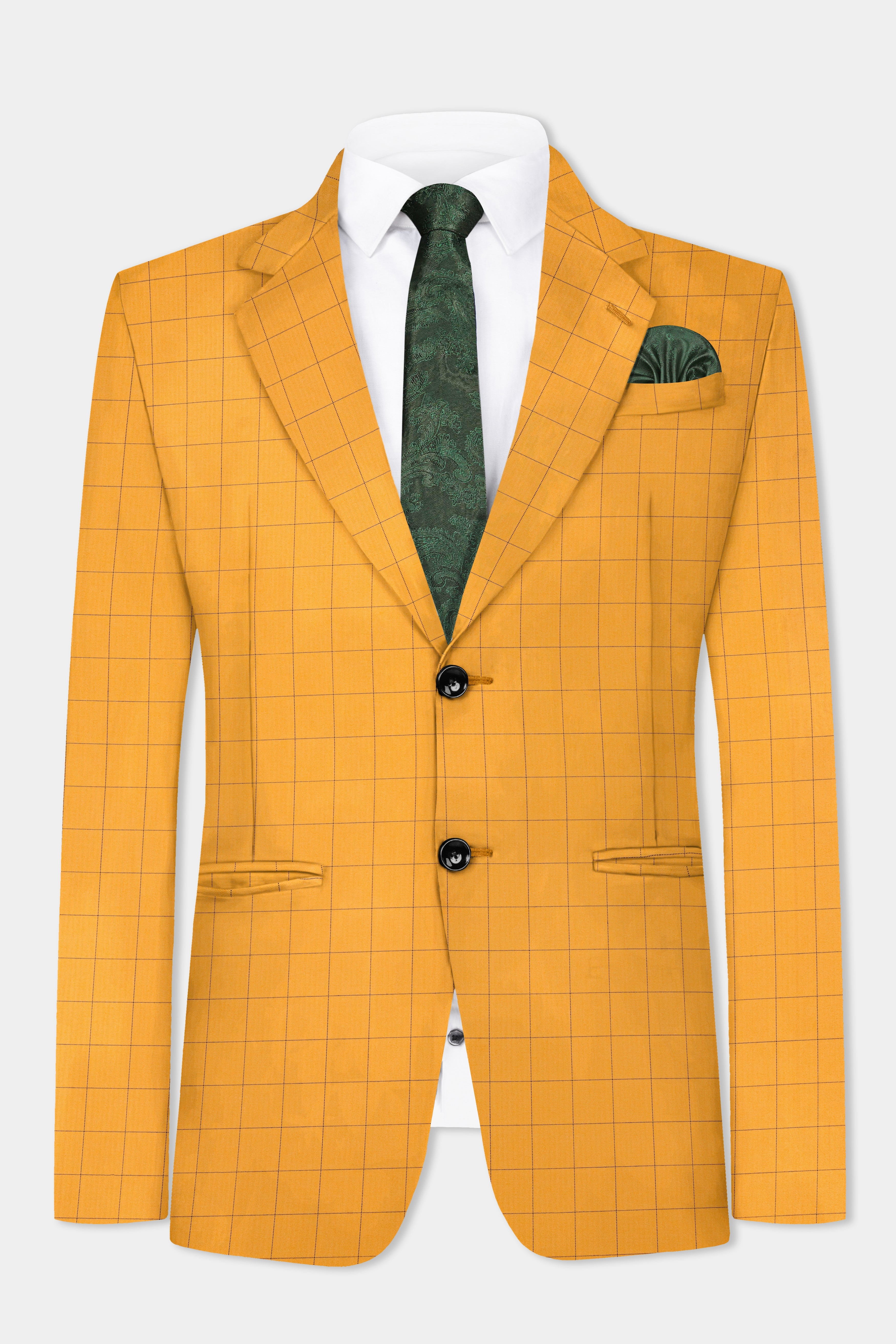 Cantaloupe Yellow herringbone Windowpane Single Breasted Blazer