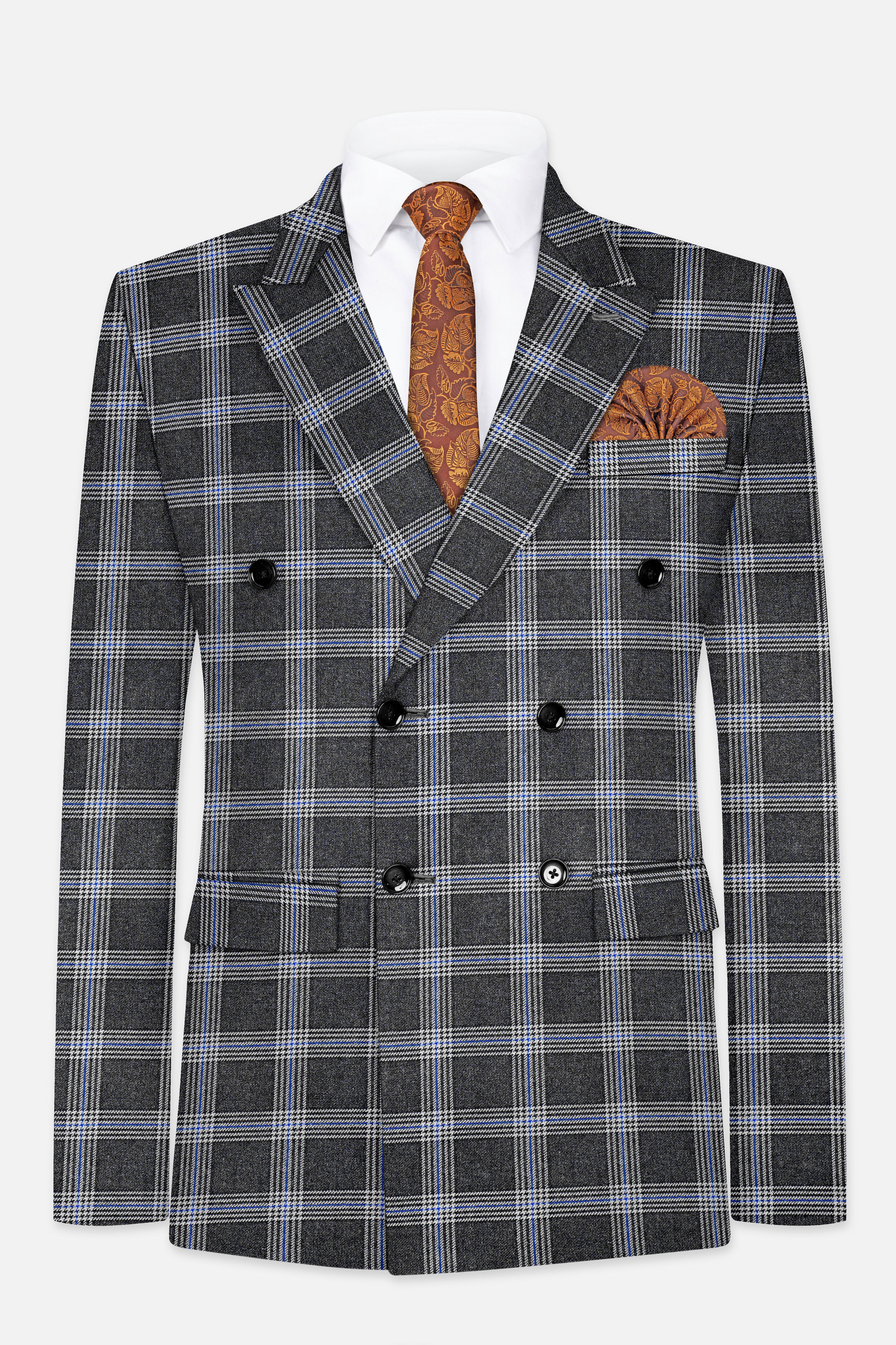 Iridium Gray Plaid Tweed Double Breasted Blazer