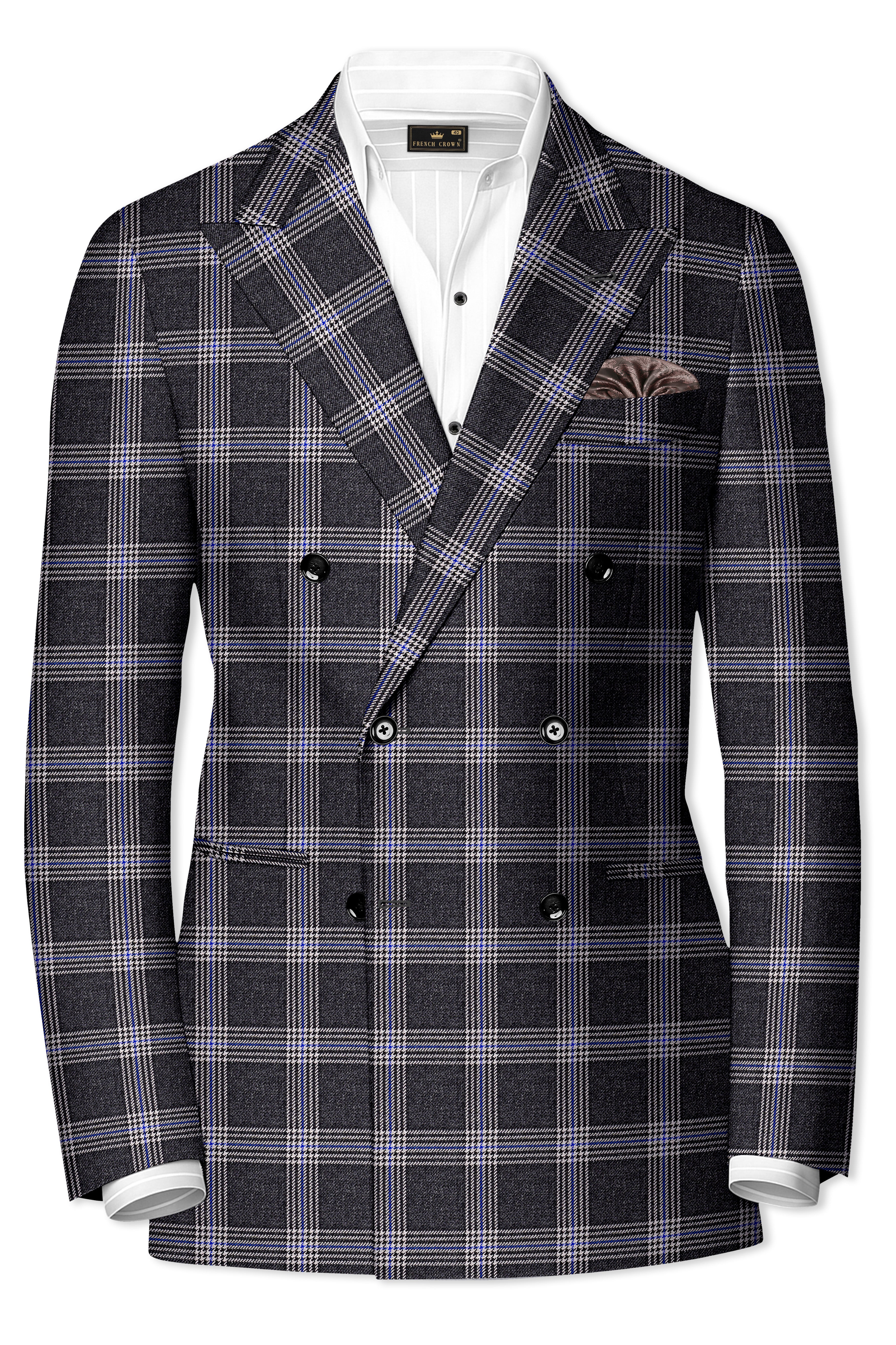 Iridium Gray Plaid Tweed Double Breasted Blazer