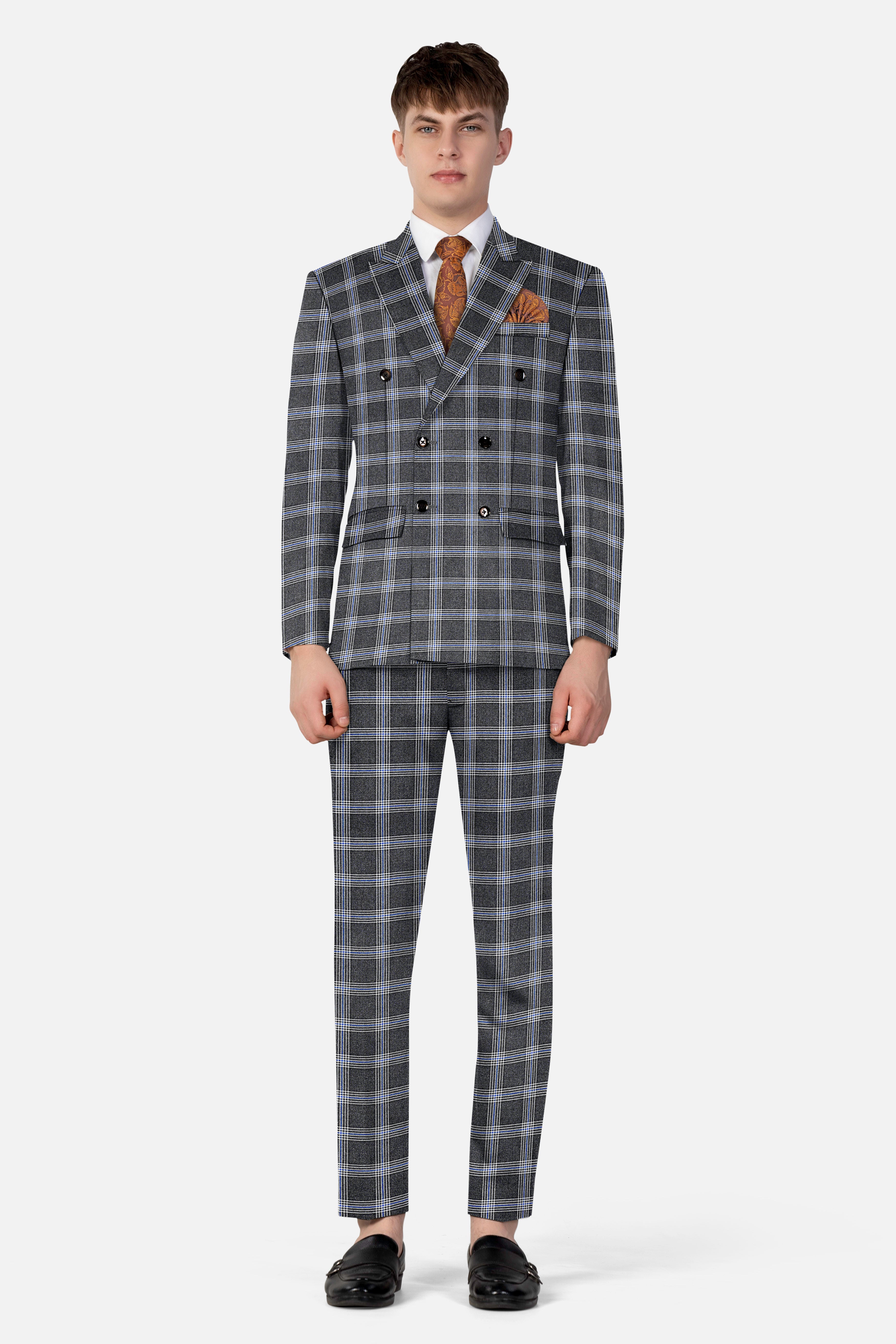 Iridium Gray Plaid Tweed Double Breasted Blazer