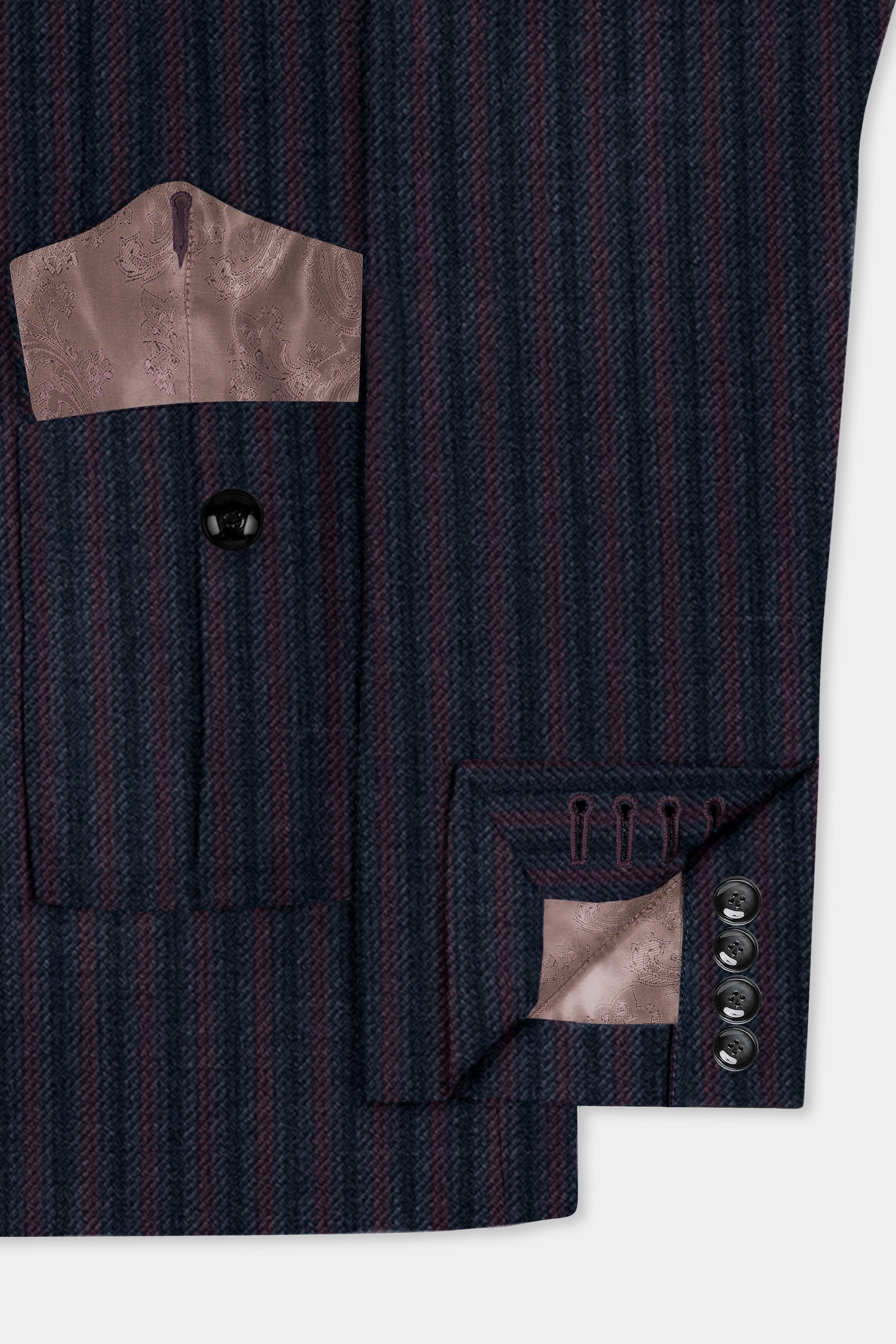 Ebony Clay Blue with Wine Berry Striped Wool Blend Patch Pocket Designer Sport Blazer