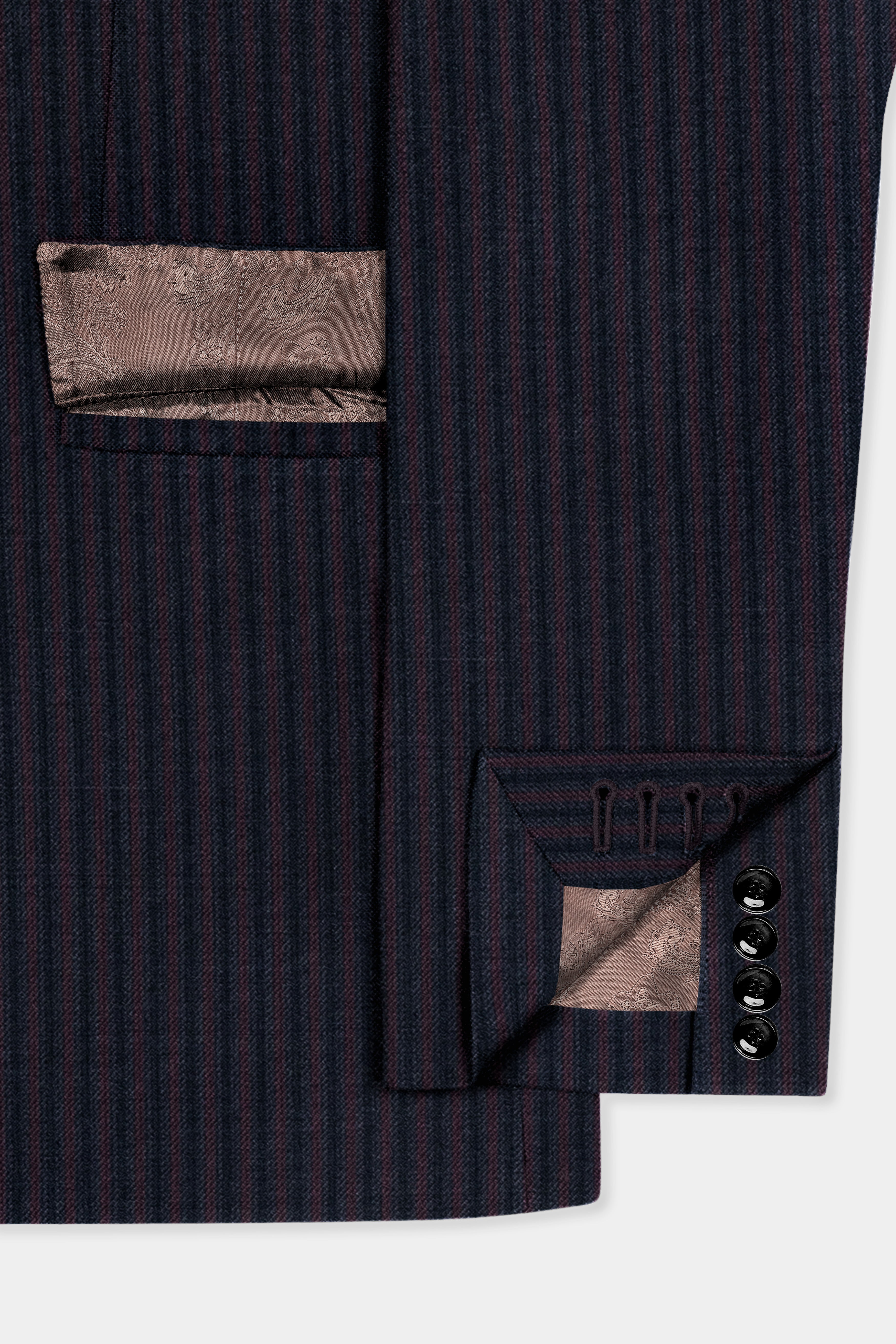 Ebony Clay Blue with Wine Berry Striped Wool Blend Double Breasted Blazer