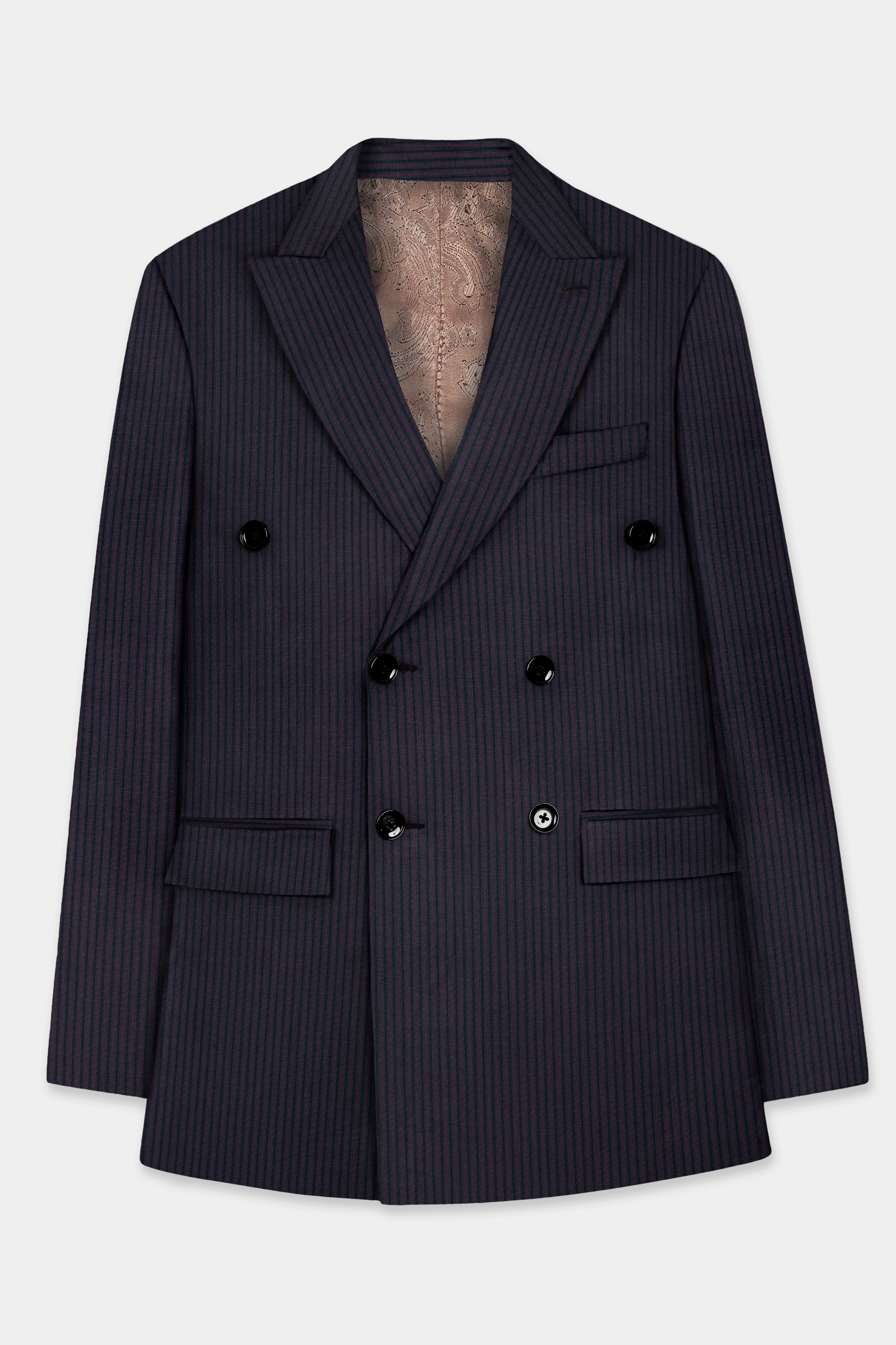 Ebony Clay Blue with Wine Berry Striped Wool Blend Double Breasted Blazer