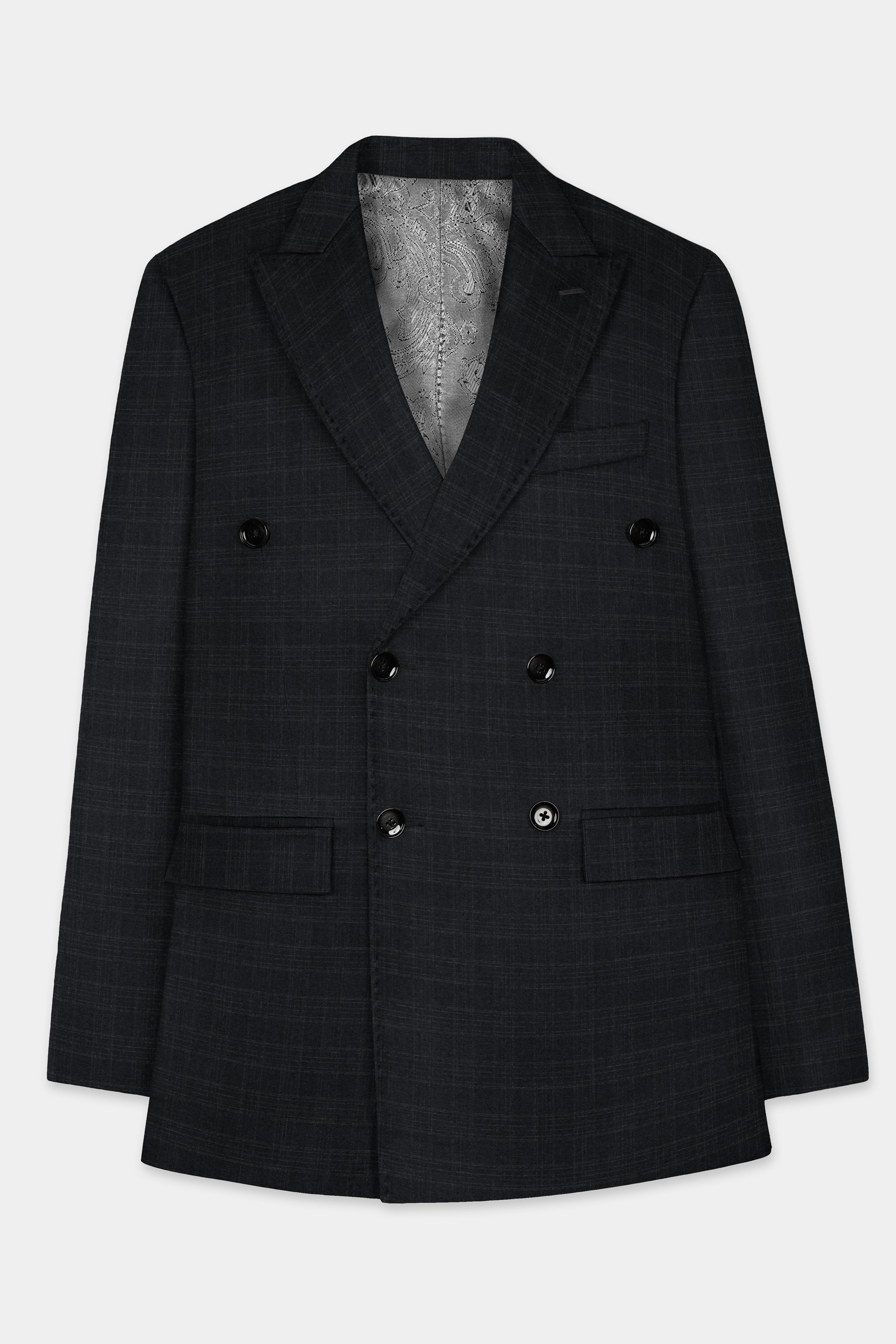 Zeus Grey Plaid Wool Blend Double Breasted Blazer