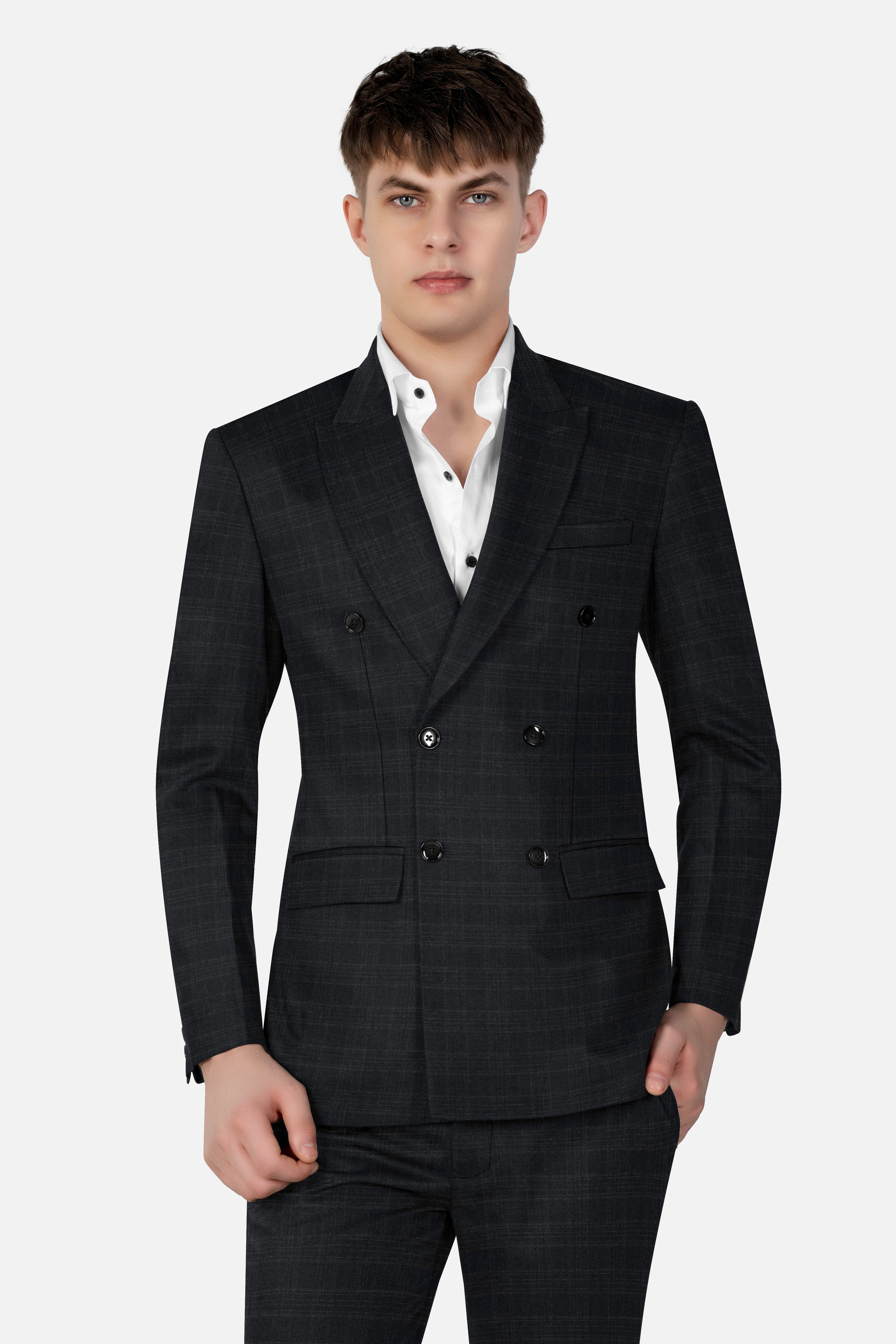 Zeus Grey Plaid Wool Blend Double Breasted Blazer