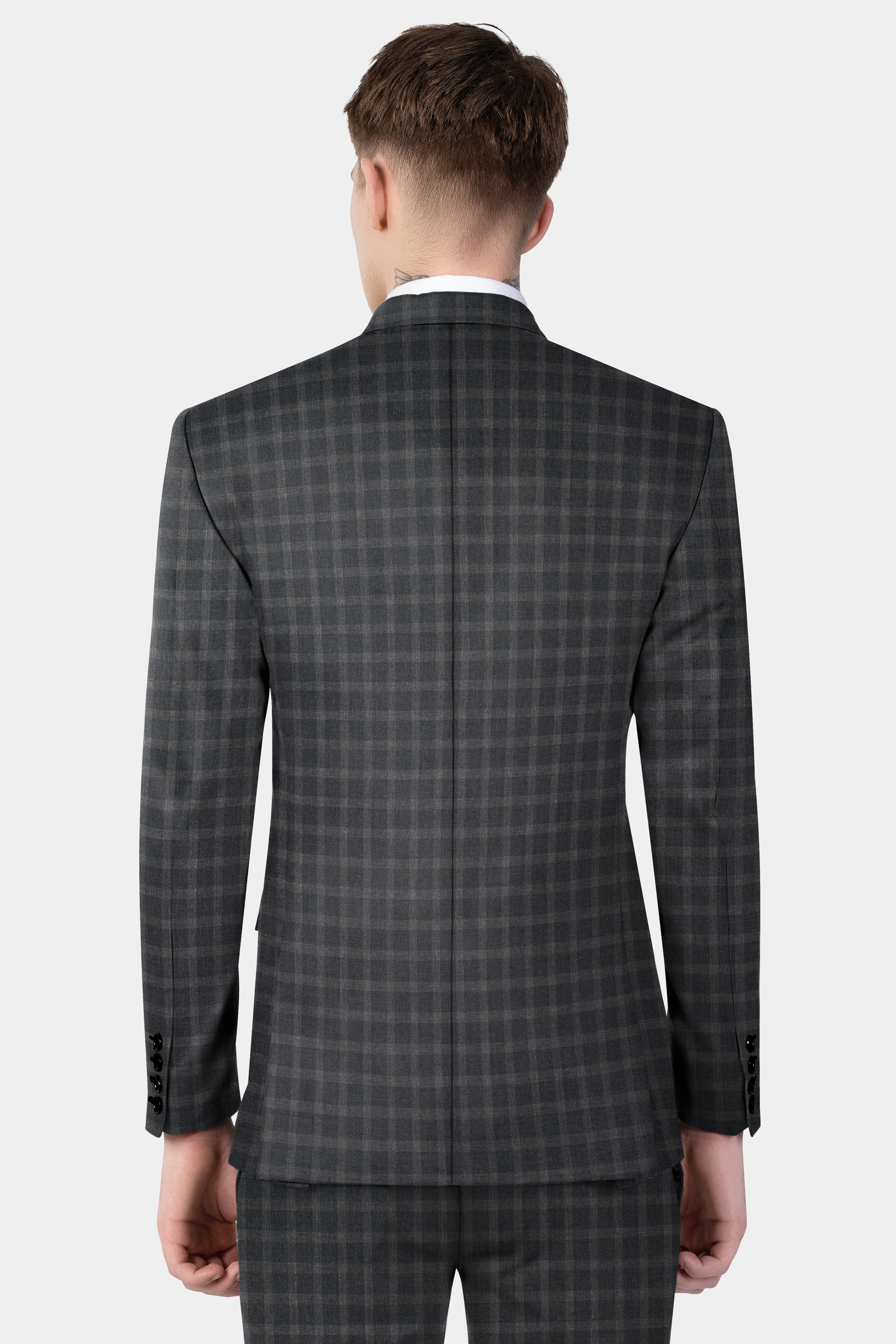 Gravel Gray Checkered Wool Blend Double Breasted Blazer
