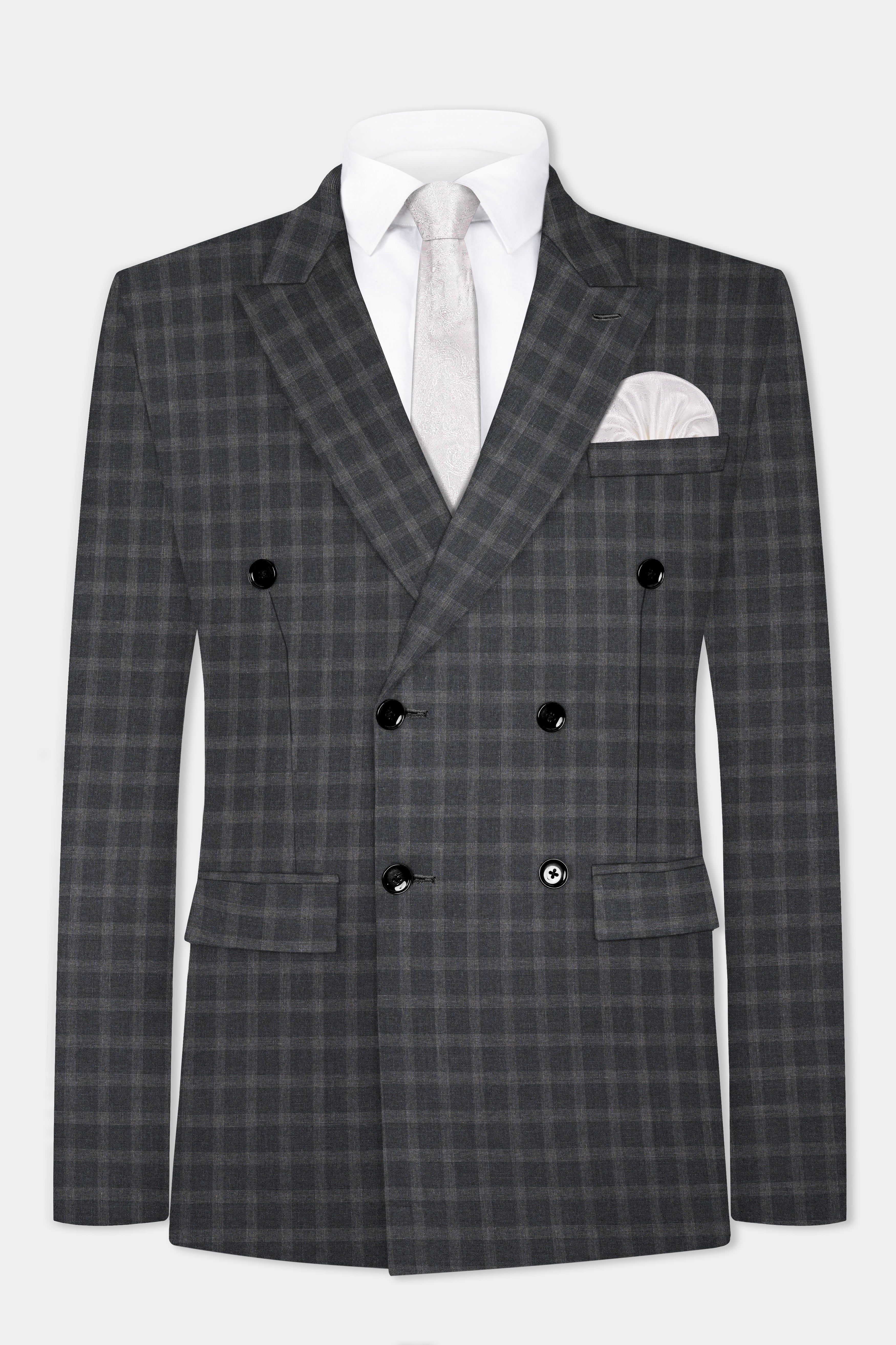 Gravel Gray Checkered Wool Blend Double Breasted Blazer