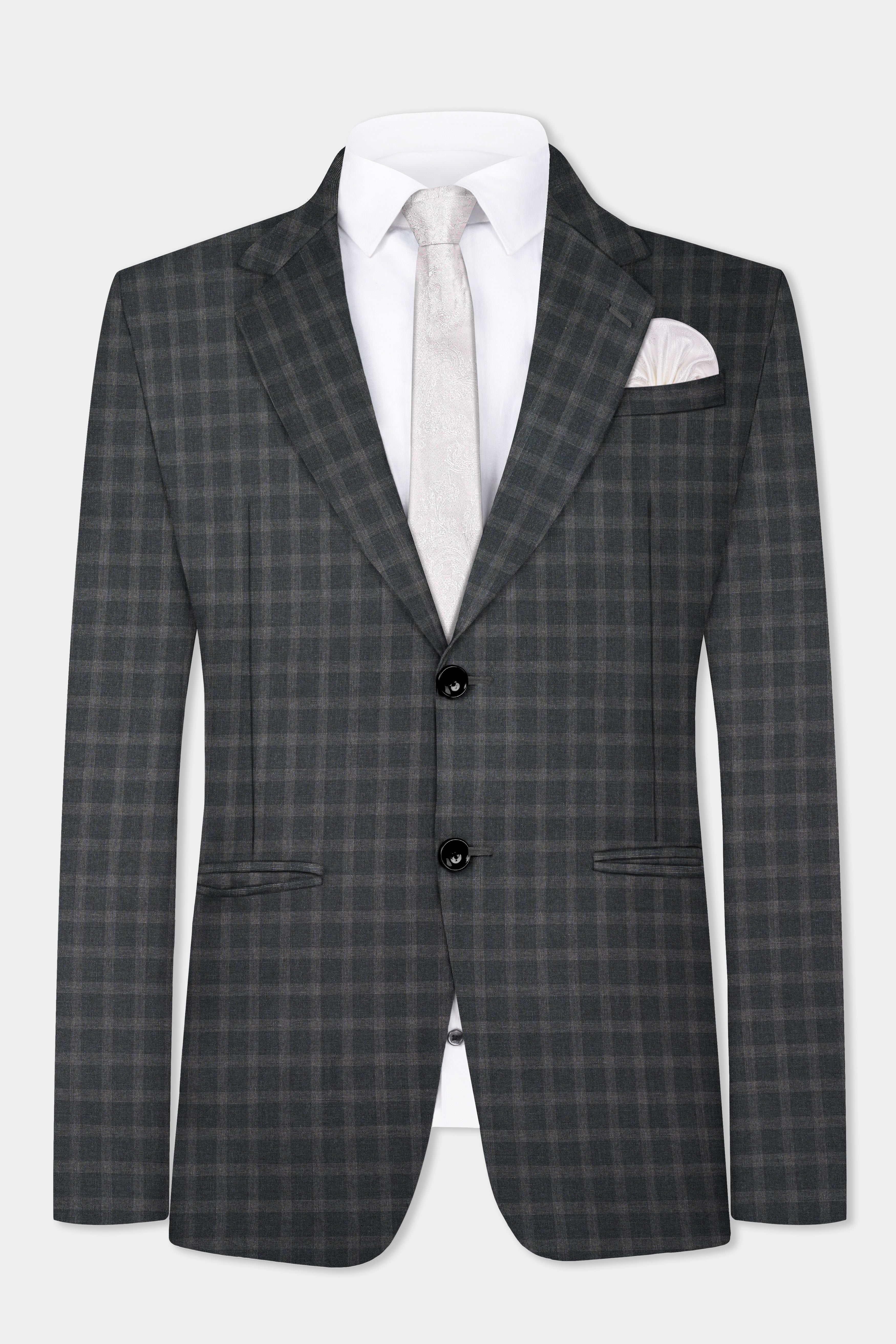 Gravel Gray Checkered Wool Blend Single Breasted Blazer