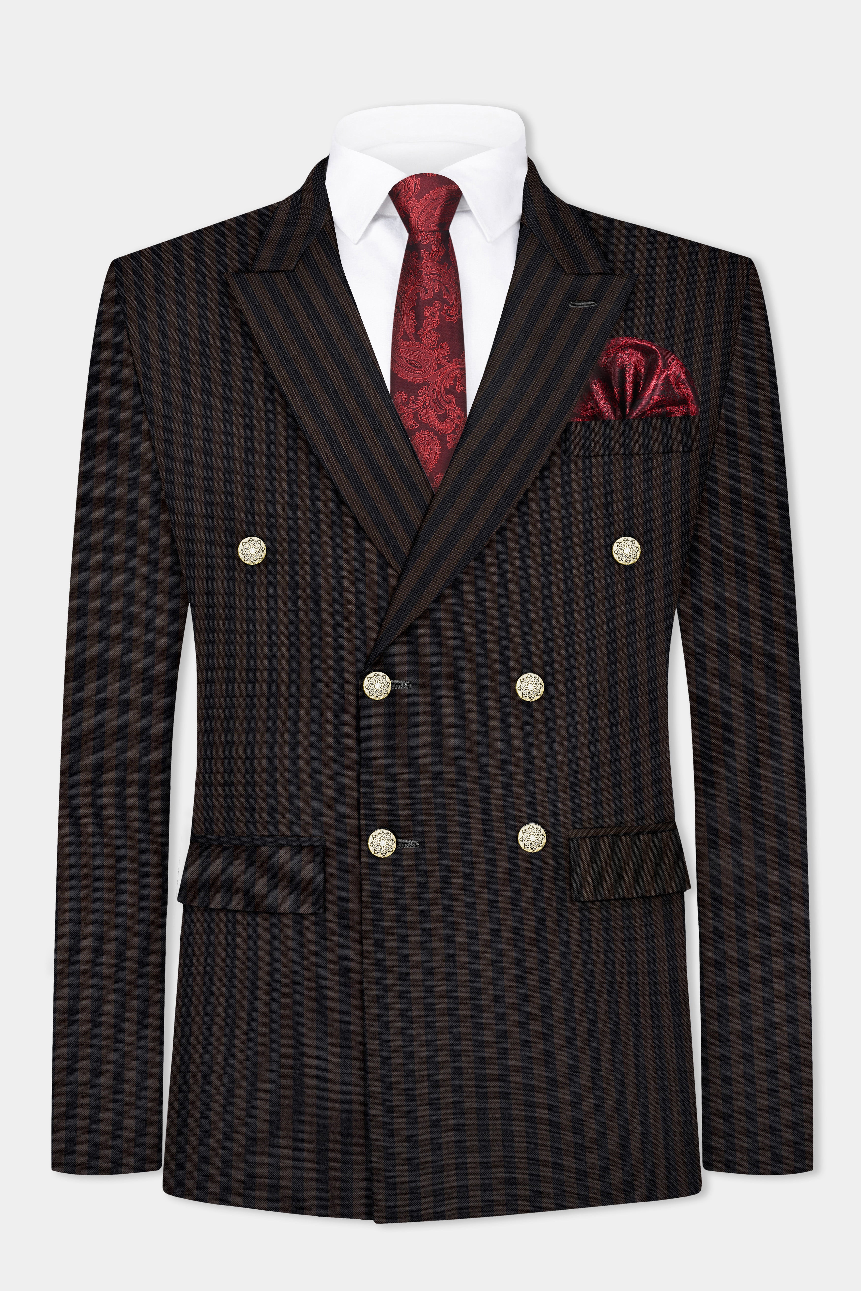 Eternity Brown With Vulcan Black Striped Wool Blend Double Breasted Blazer
