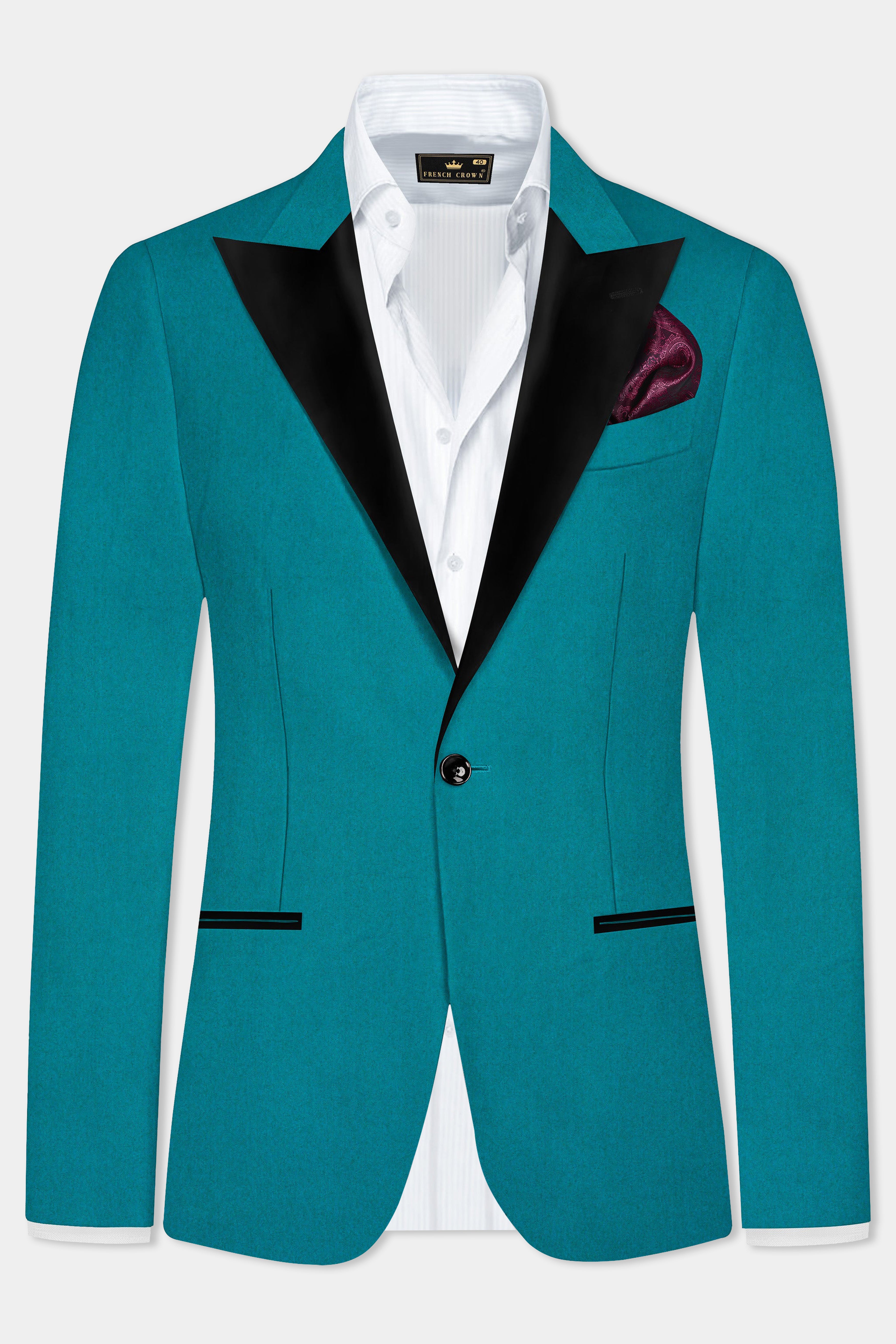 Surfie Green Plain Solid Wool Blend Peak Lapel Tuxedo Blazer