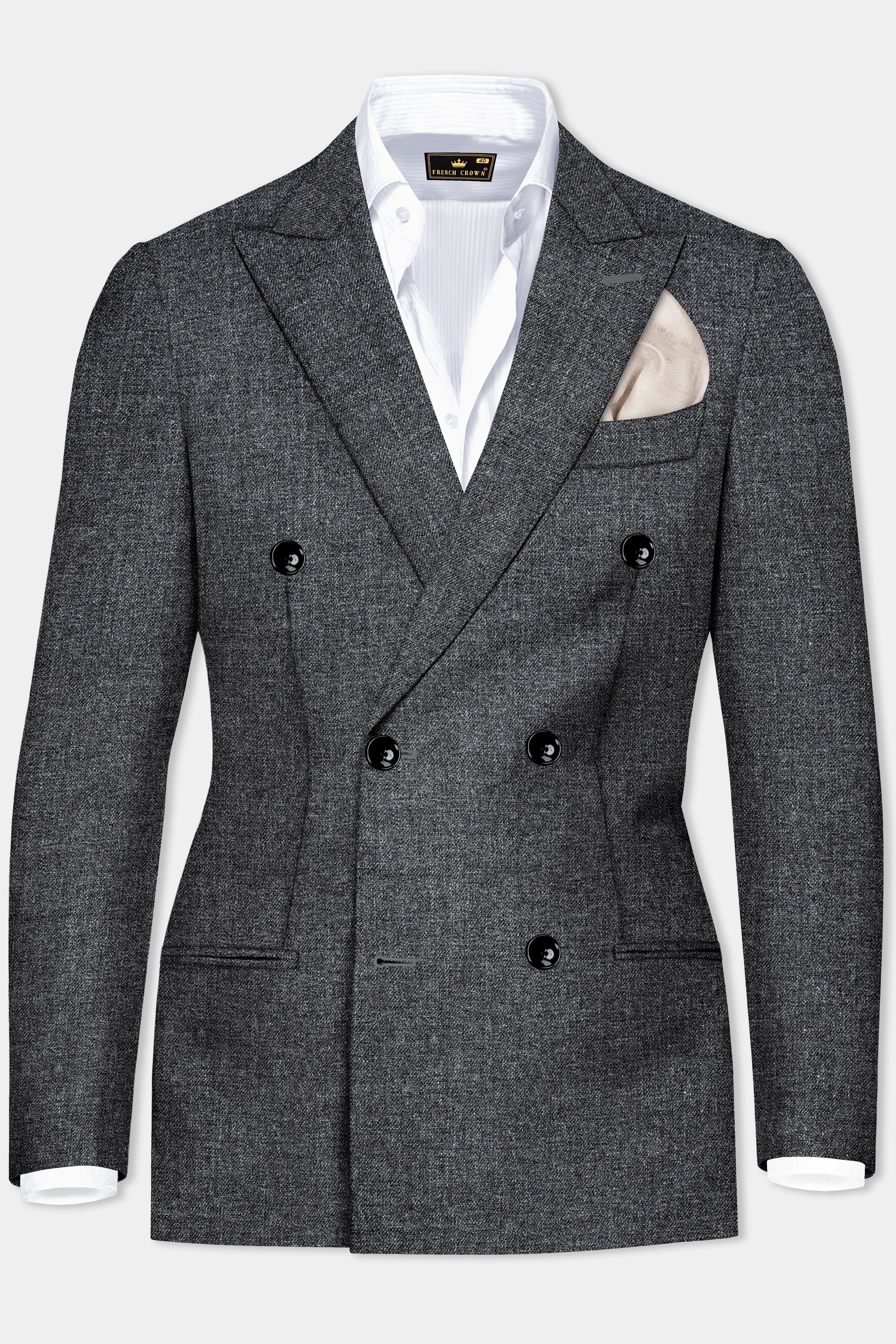 Vampire Gray Textured Wool Blend Flannel Double Breasted Slight Stretch Blazer