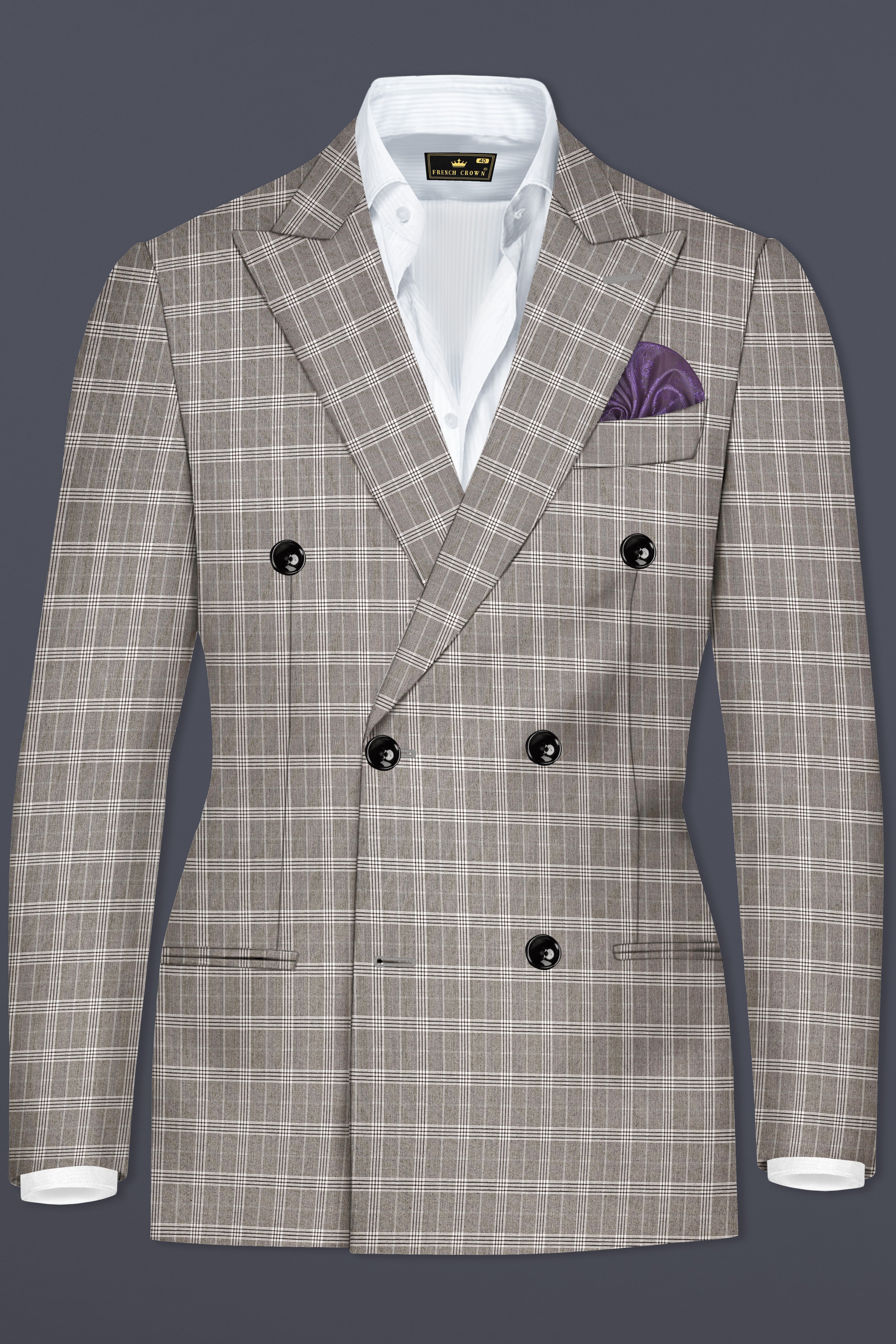 Monsoon Gray Plaid Wool Rich Double Breasted Blazer