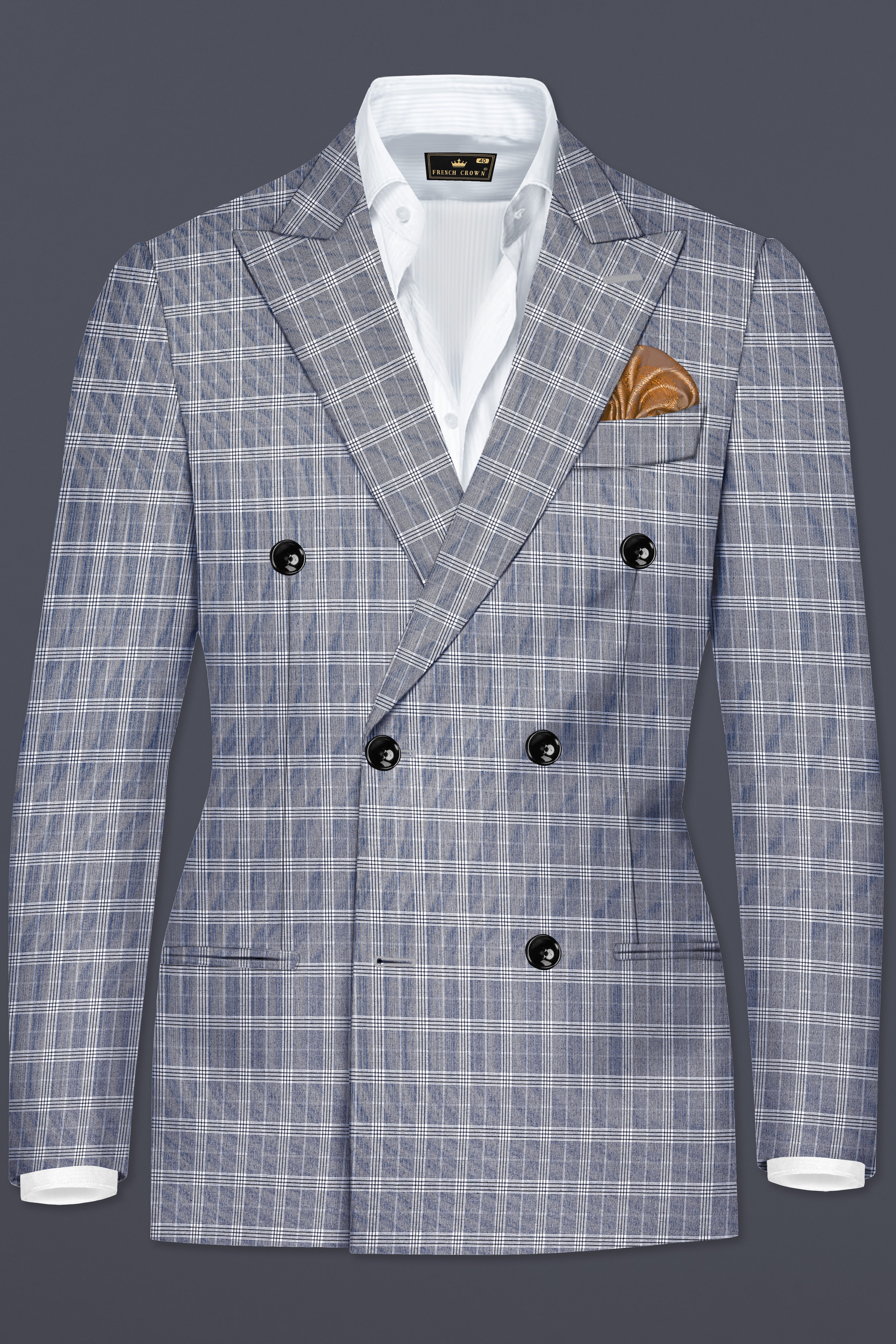 Mountain Mist Blue Plaid Wool Rich Double Breasted Blazer