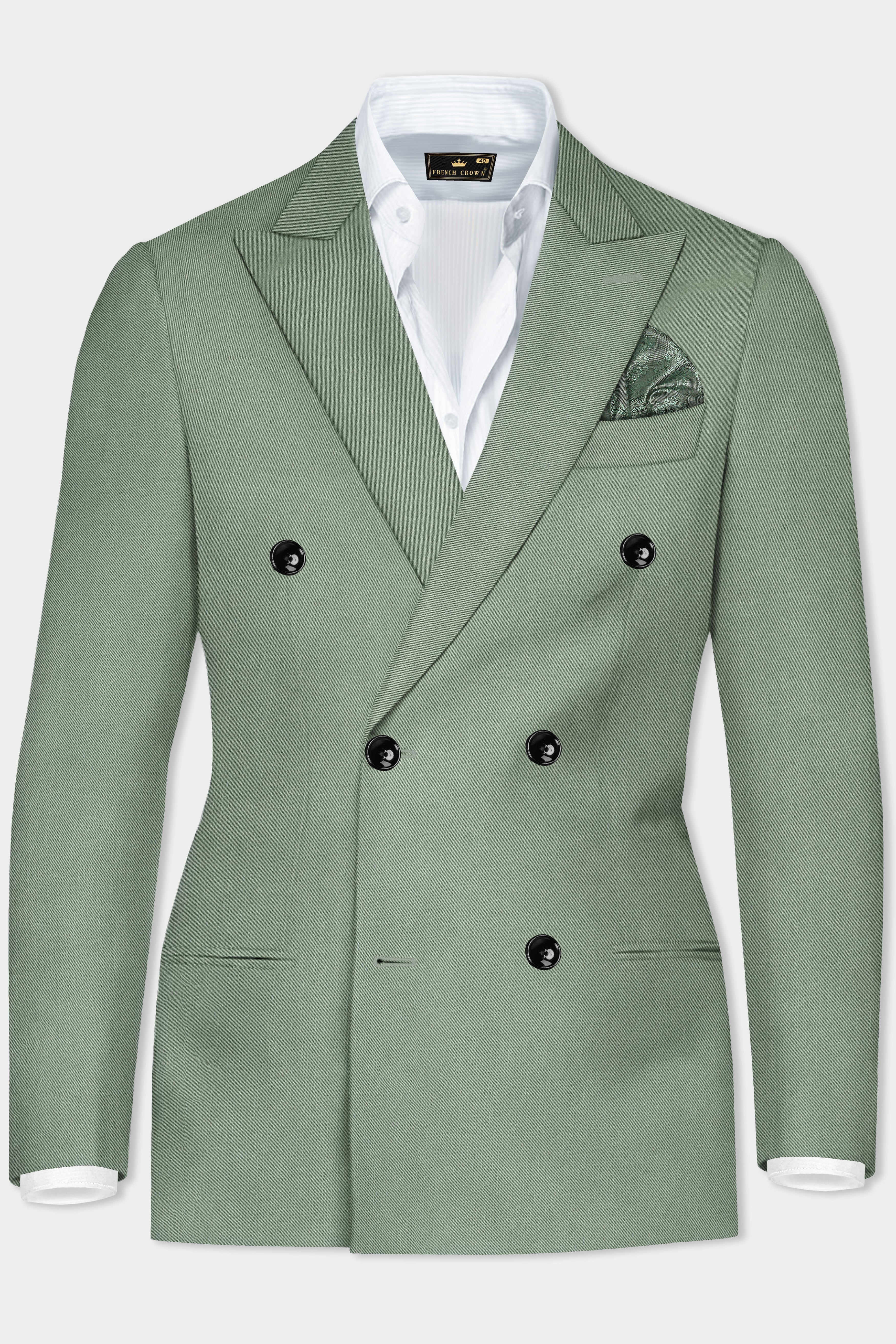 Spanish Green Solid Wool Rich Double Breasted Slight Stretch Blazer