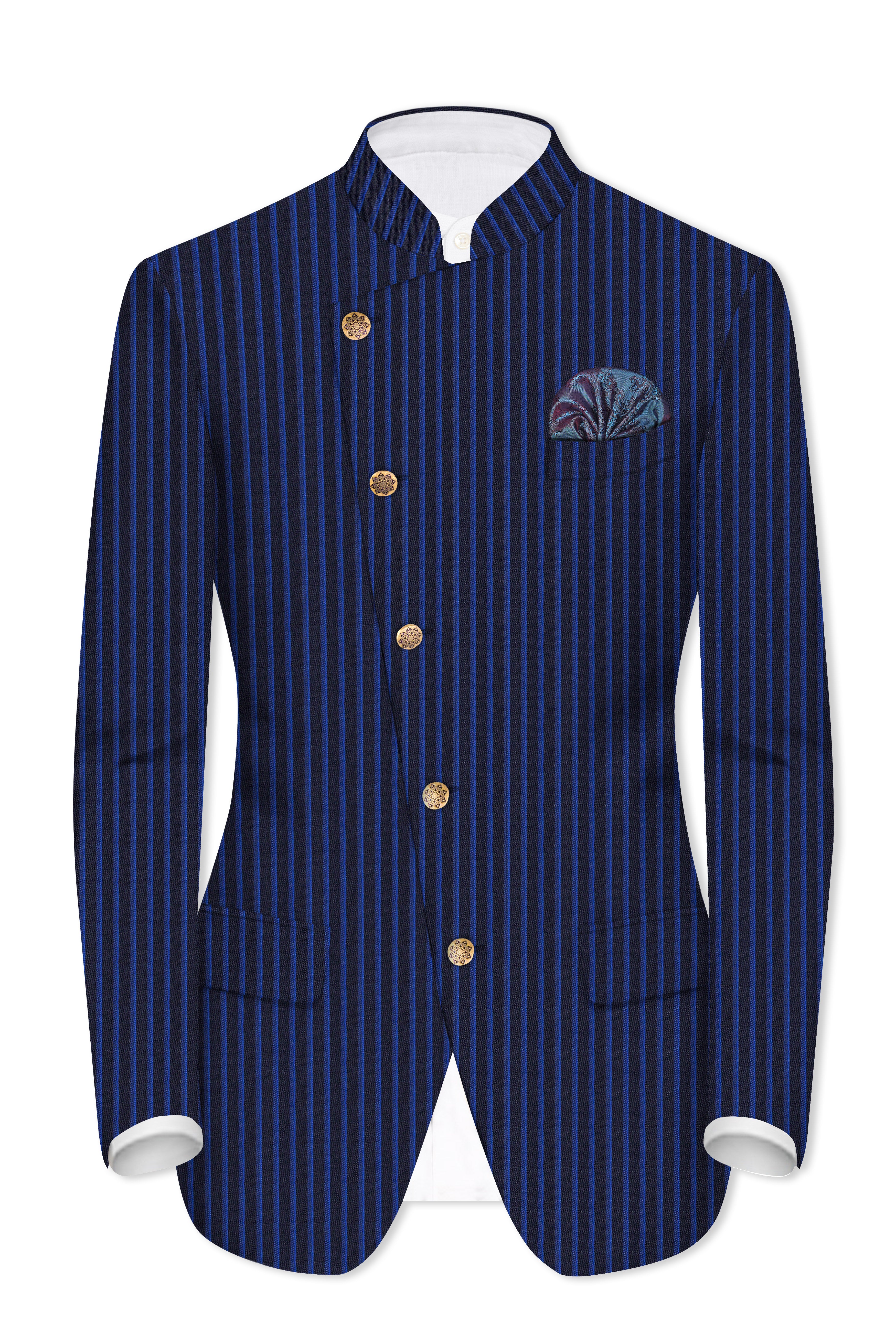 Sapphire Blue And Jade Black Striped Wool Rich Cross Placket Bandhgala Blazer