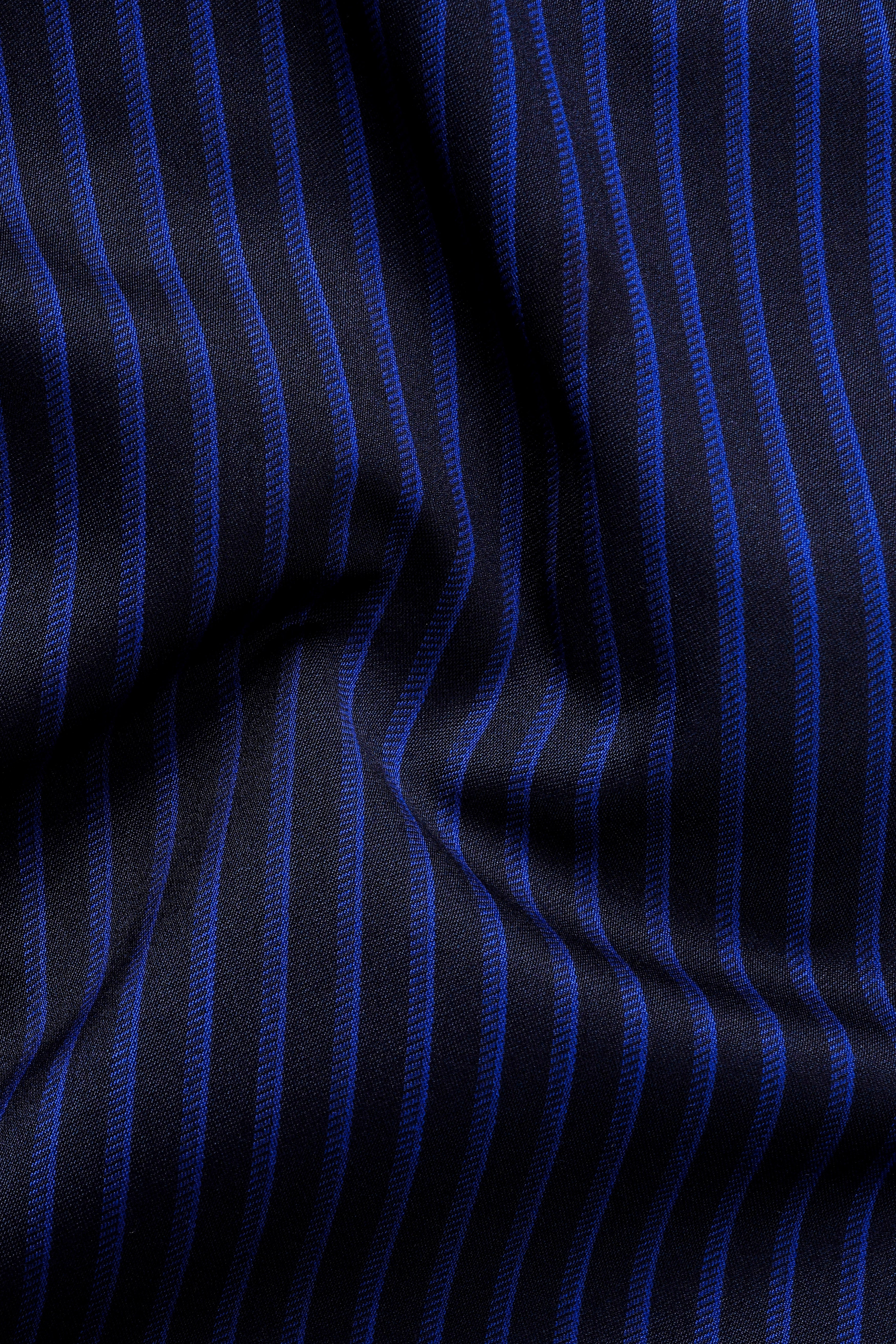 Sapphire Blue And Jade Black Striped Wool Rich Cross Placket Bandhgala Blazer