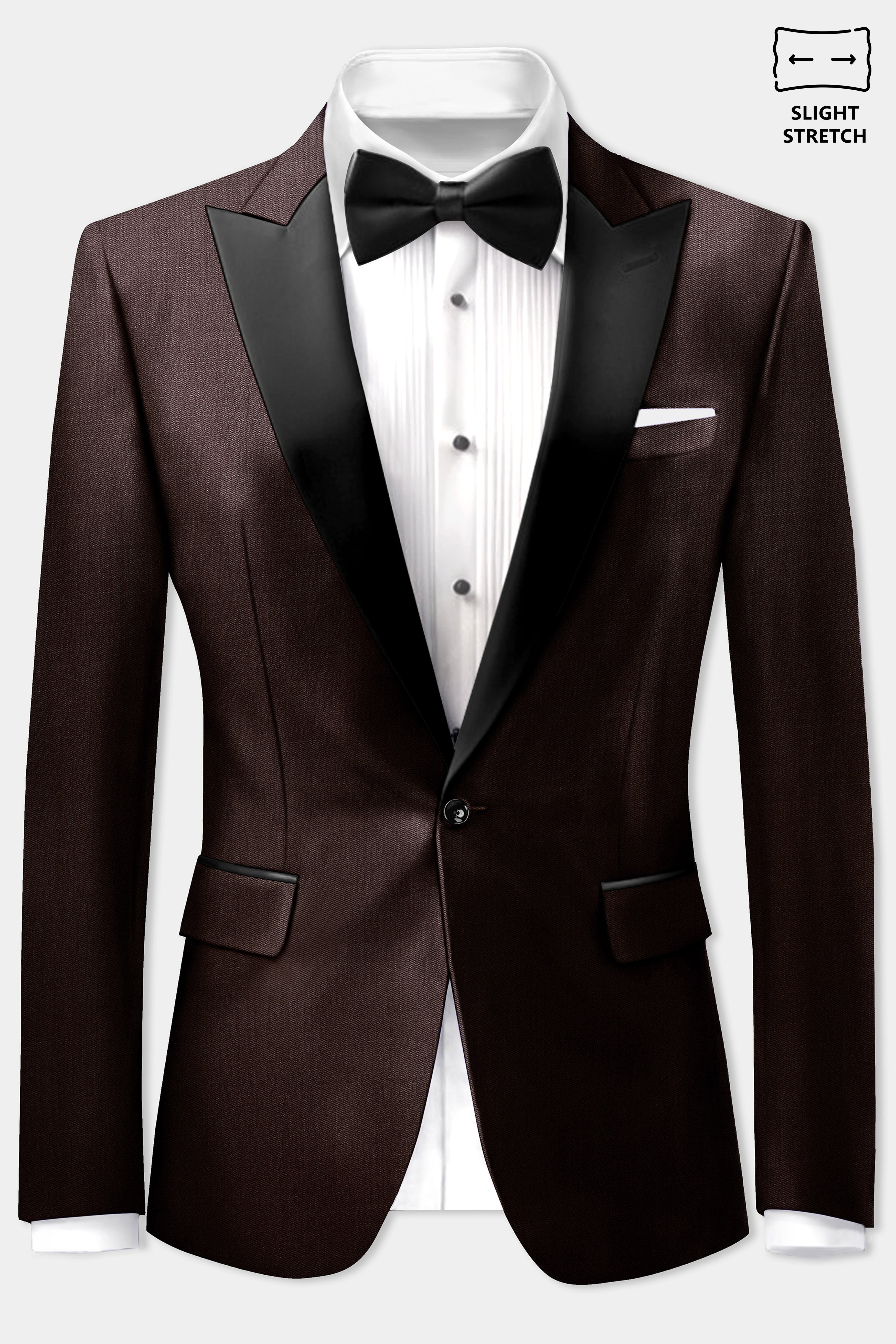Espresso-Hickory Brown Solid Wool Rich Peak Lapel Tuxedo Slight Stretch Blazer