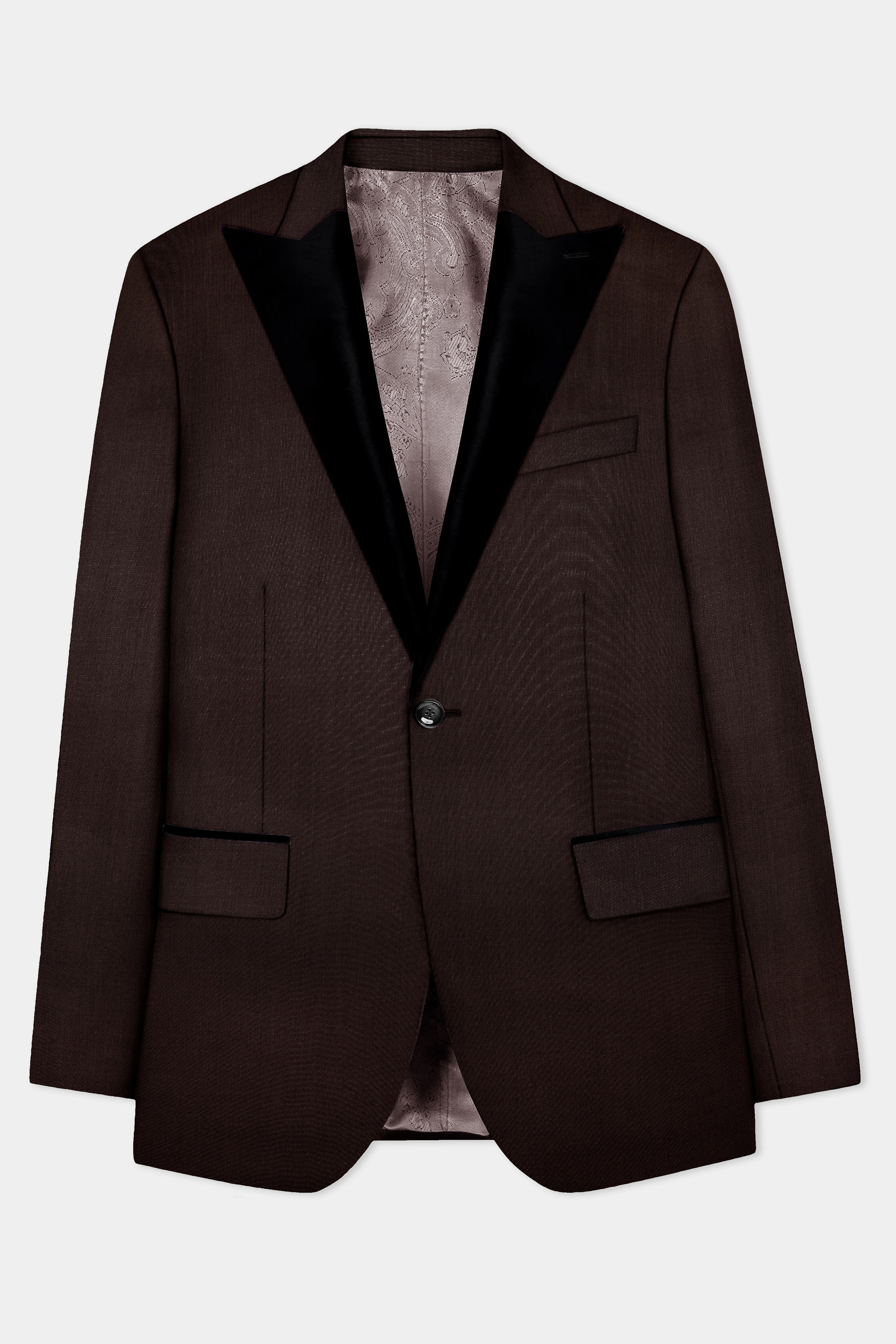 Espresso-Hickory Brown Solid Wool Rich Peak Lapel Tuxedo Slight Stretch Blazer