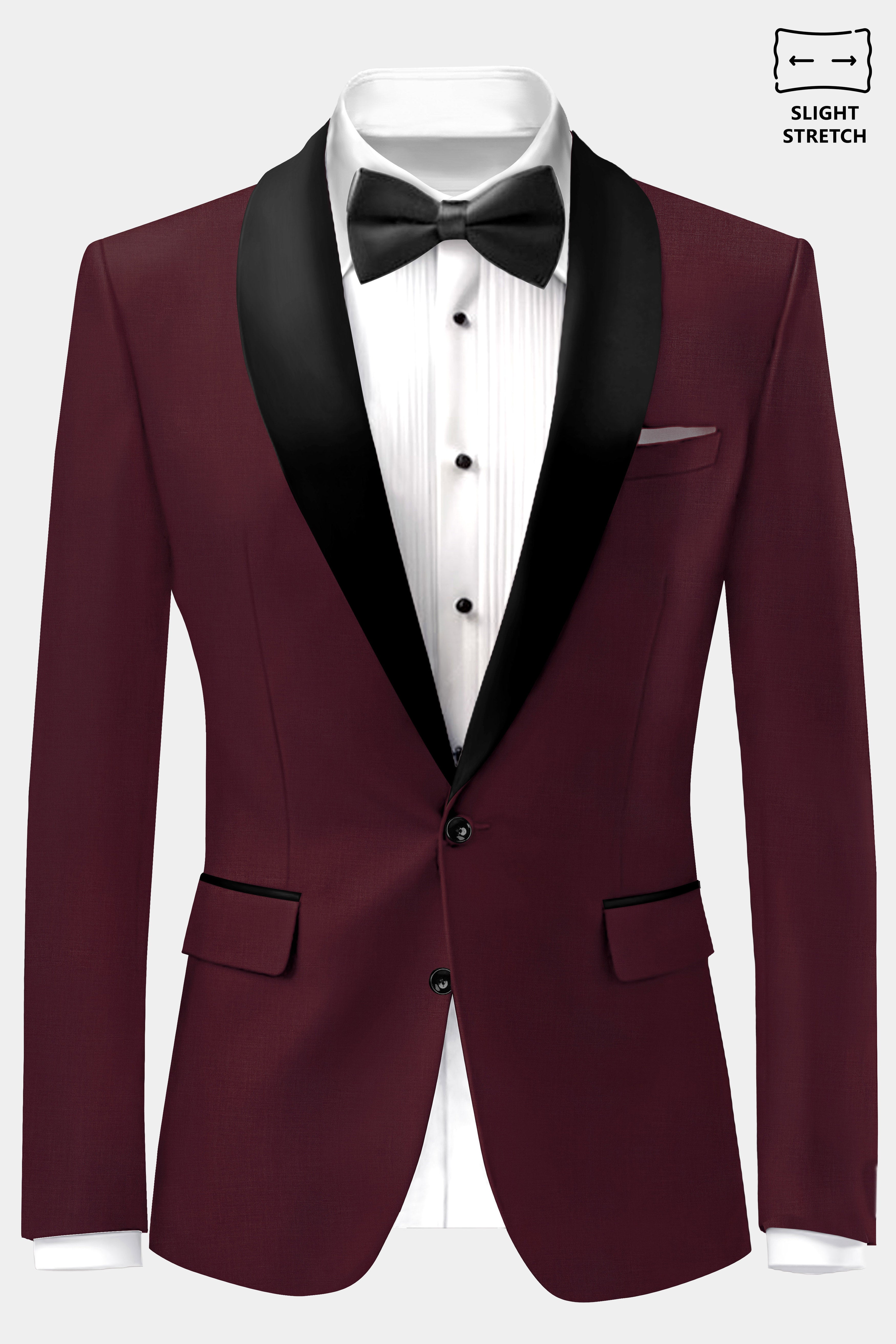 Merlot-Wine Berry Solid Wool Rich Tuxedo Slight Stretch Blazer