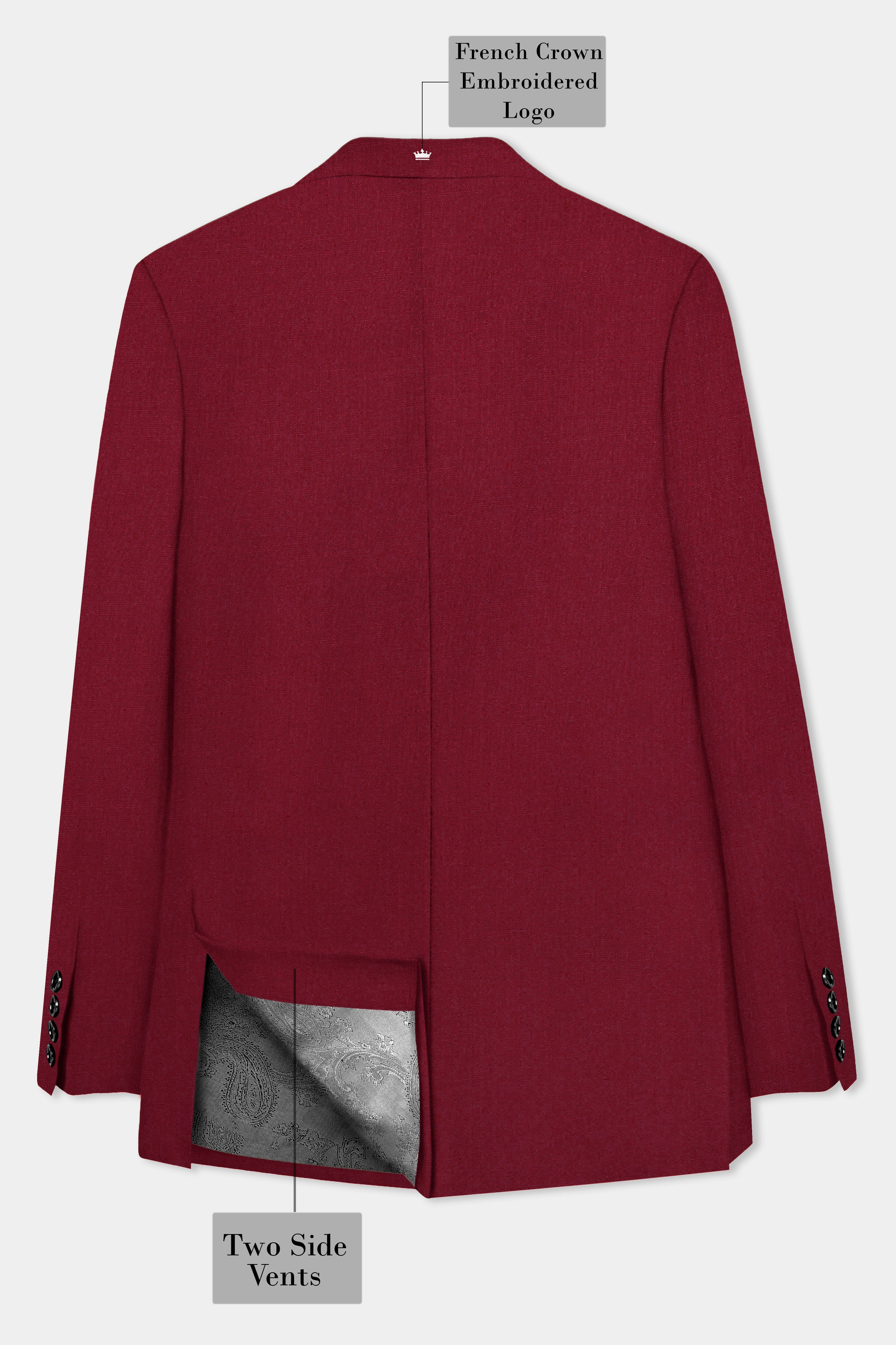 CrimsonAce-Cherry Red Solid Wool Rich Peak Lapel Tuxedo Slight Stretch Blazer