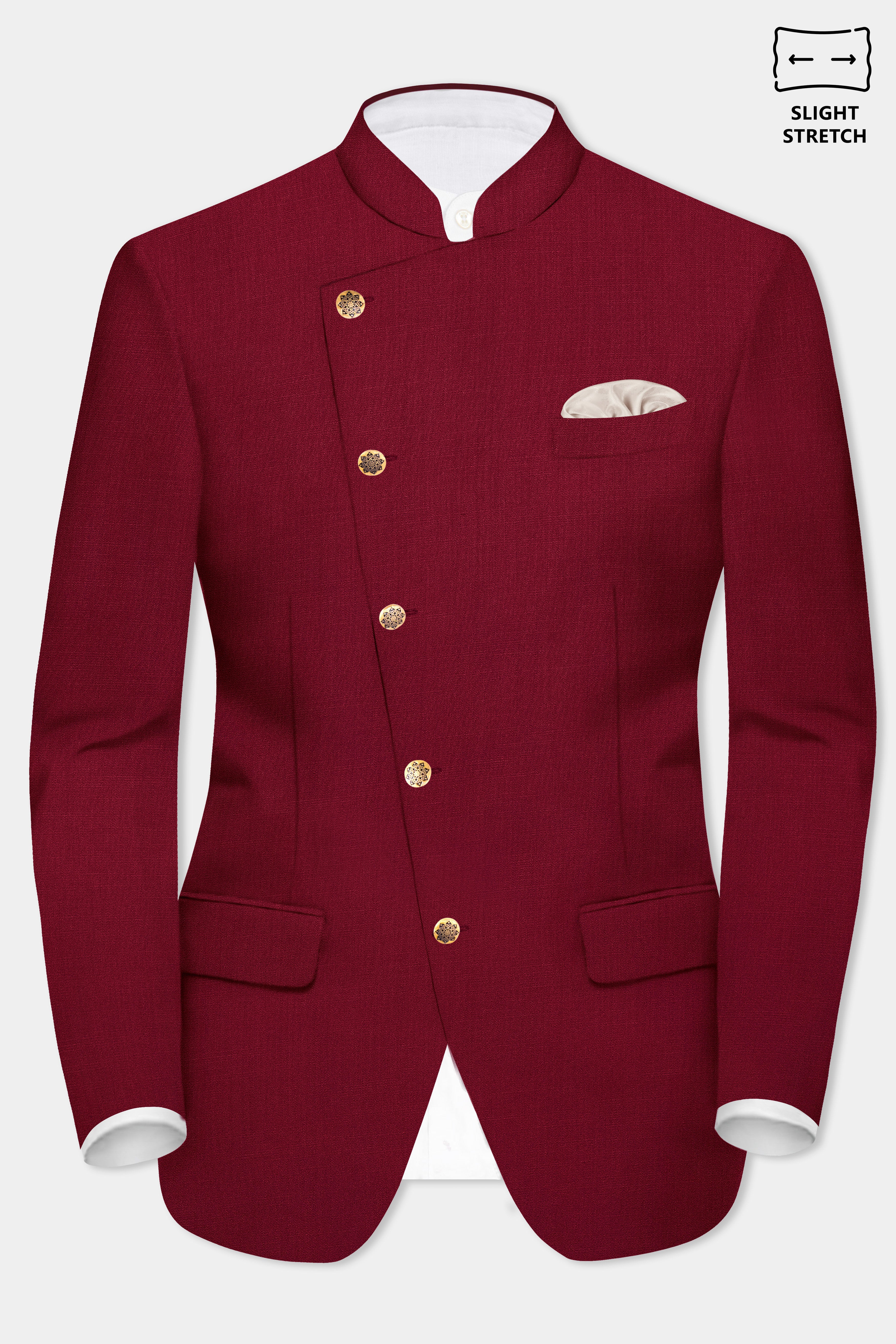 CrimsonAce-Cherry Red Solid Wool Rich Cross Placket Bandhgala Slight Stretch Blazer