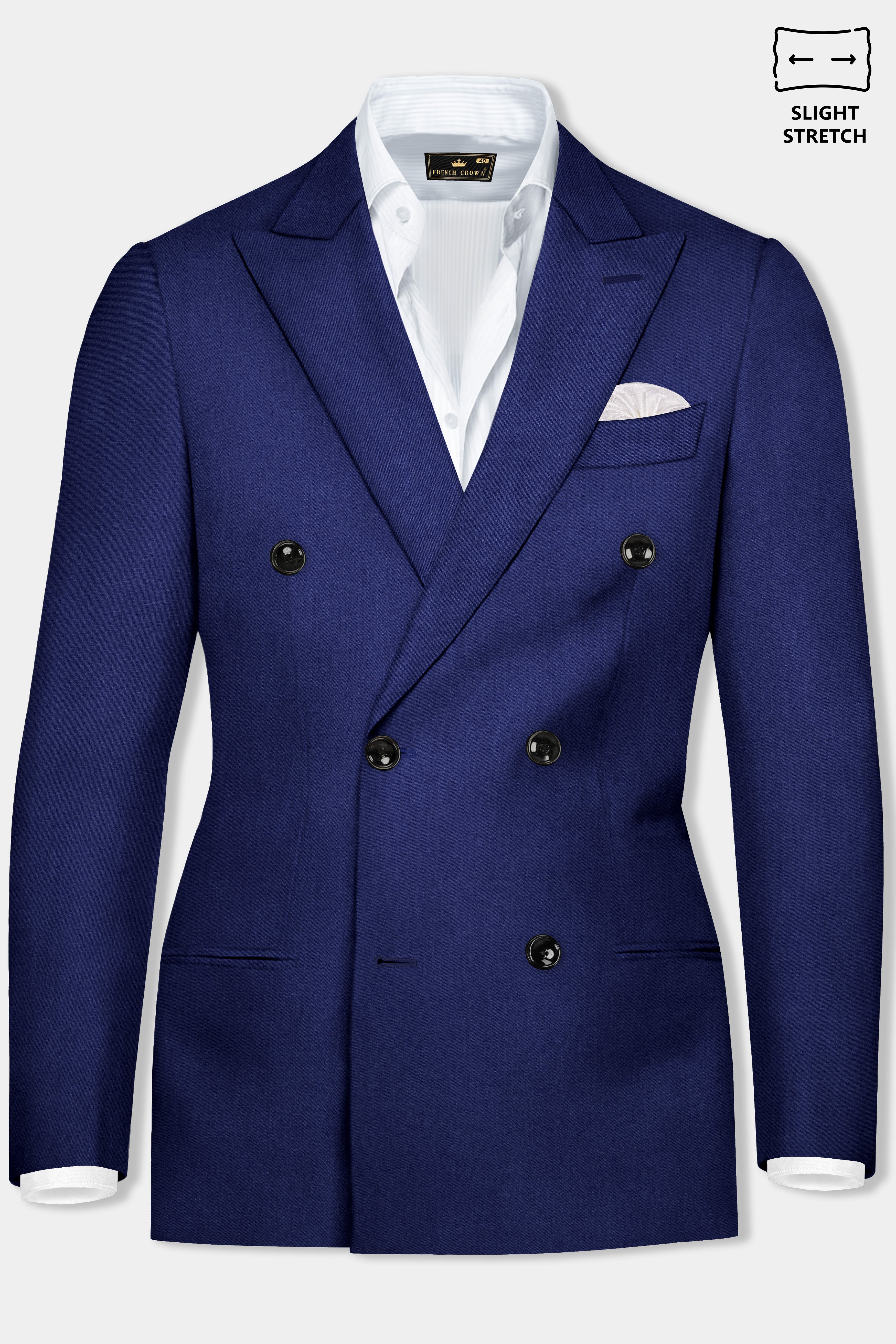 Celestia- Blue Solid Wool Rich Double Breasted Slight Stretch Blazer