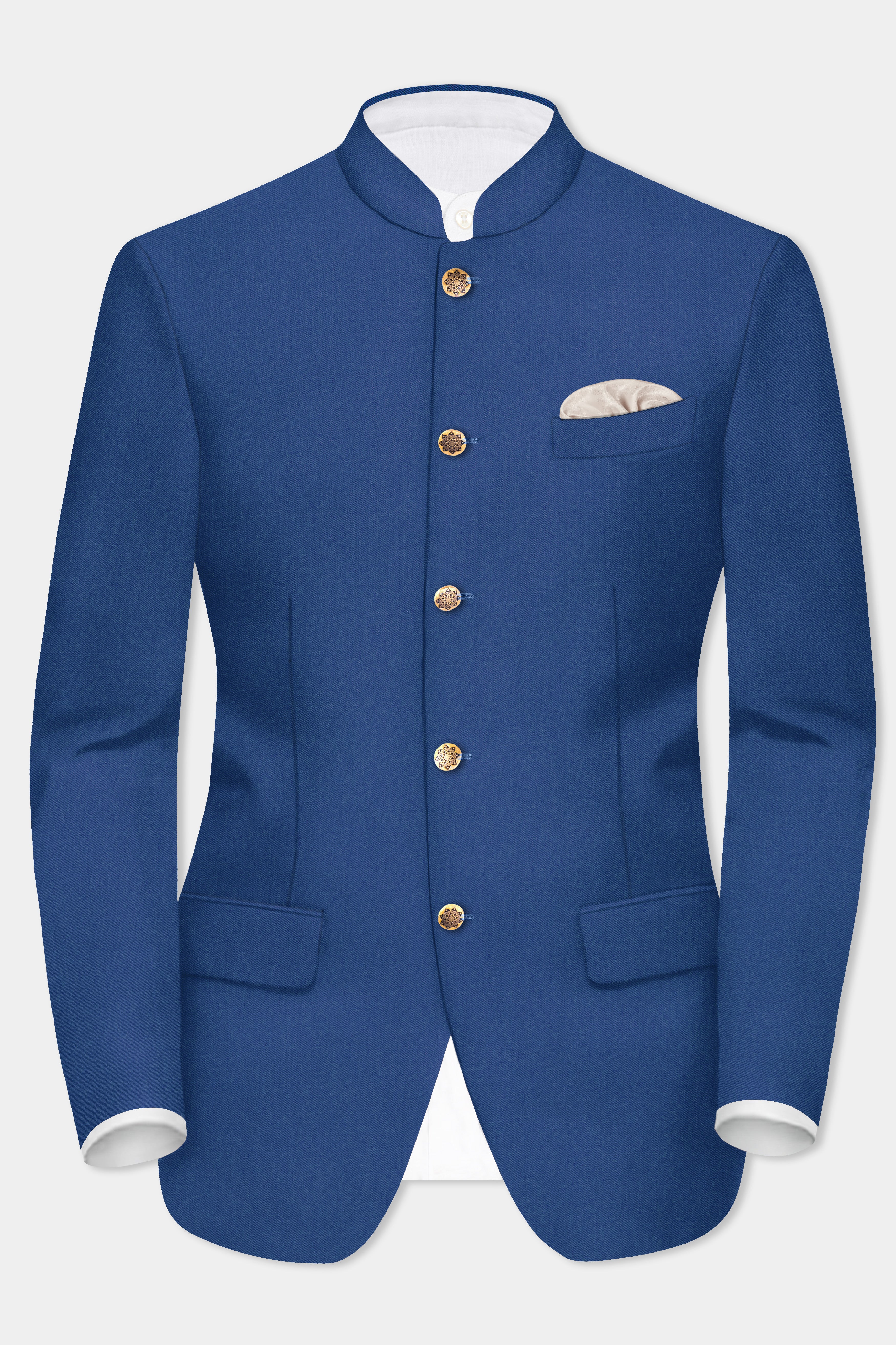 Cerulean Elite-Cobalt Blue Solid Wool Rich Bandhgala Stretchable traveler Blazer