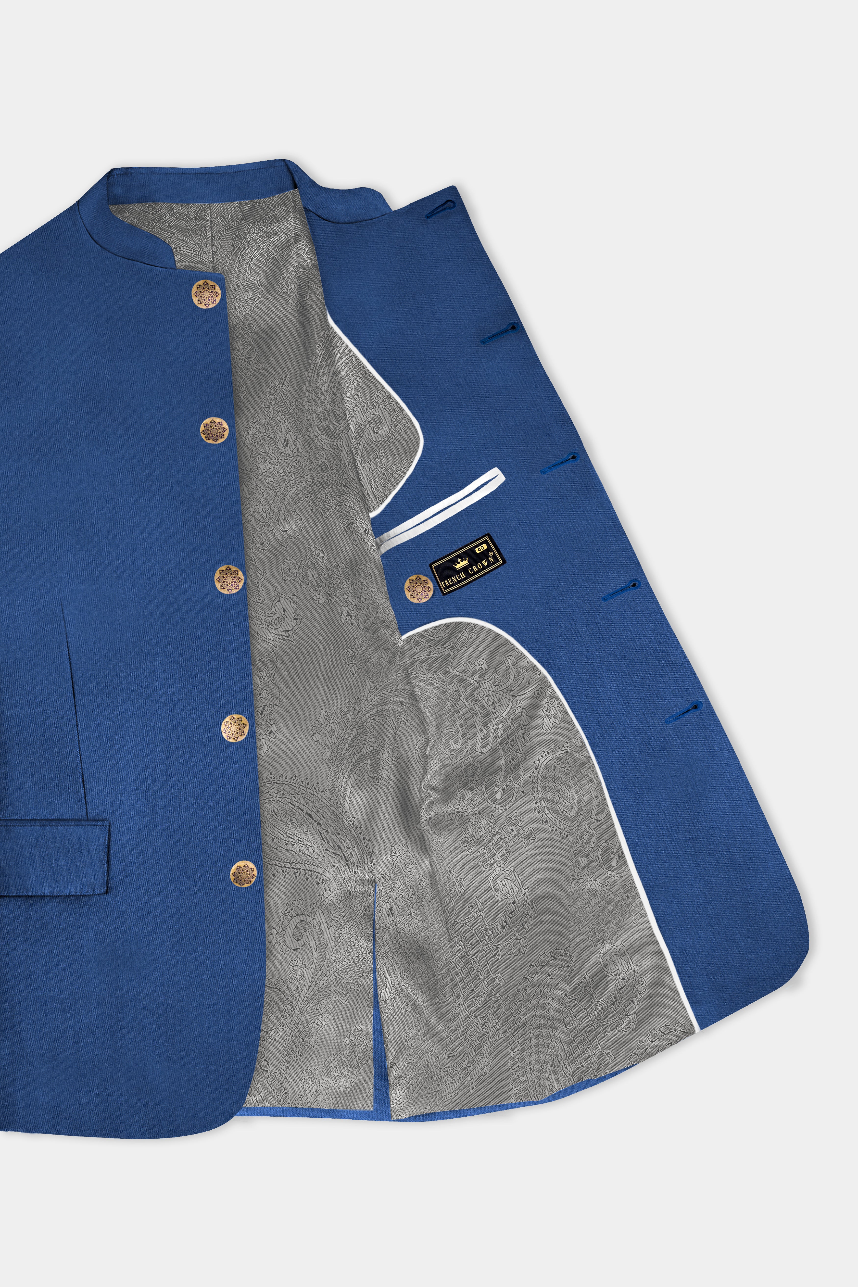 Cerulean Elite-Cobalt Blue Solid Wool Rich Bandhgala Slight Stretch Blazer