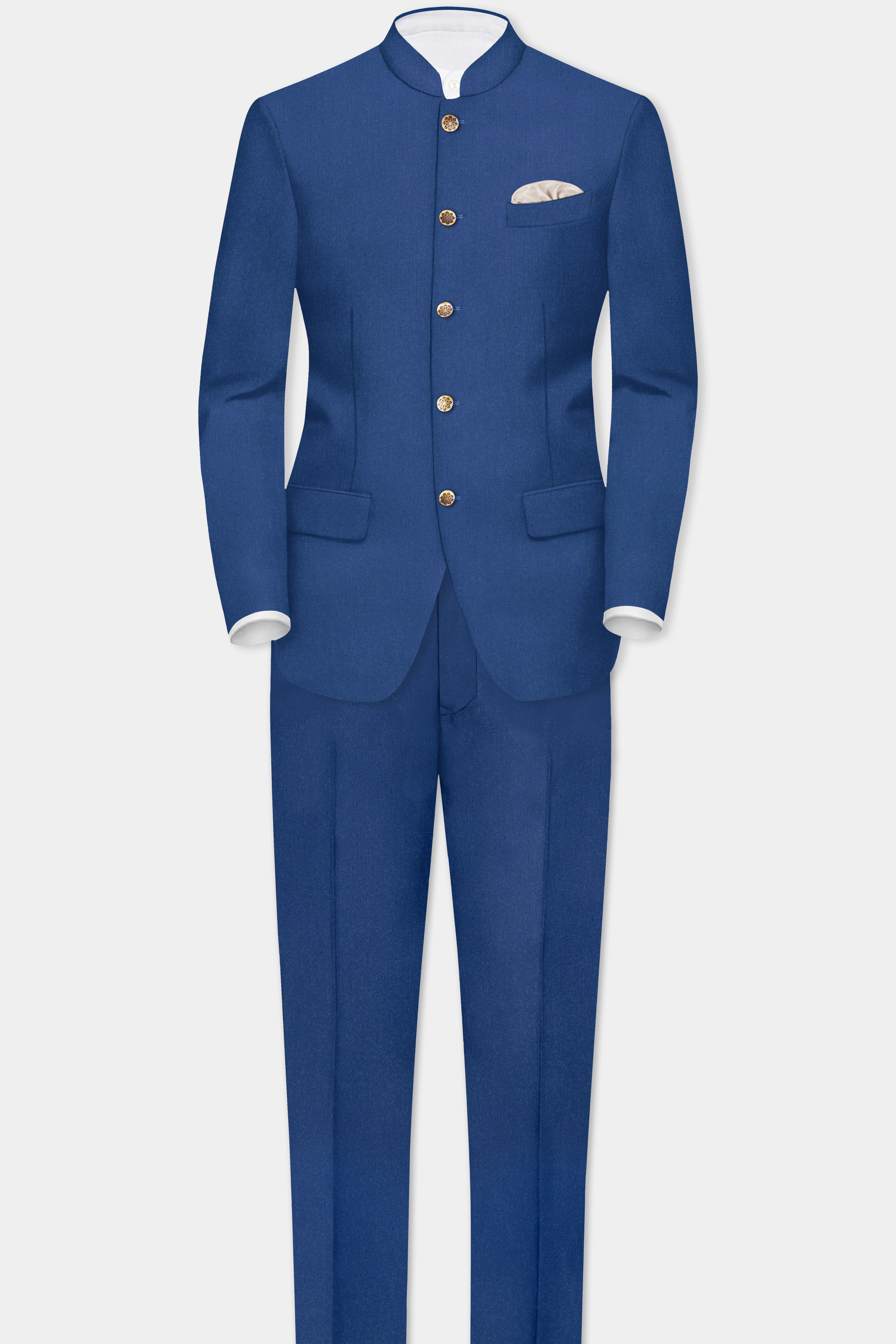 Cerulean Elite-Cobalt Blue Solid Wool Rich Bandhgala Slight Stretch Blazer