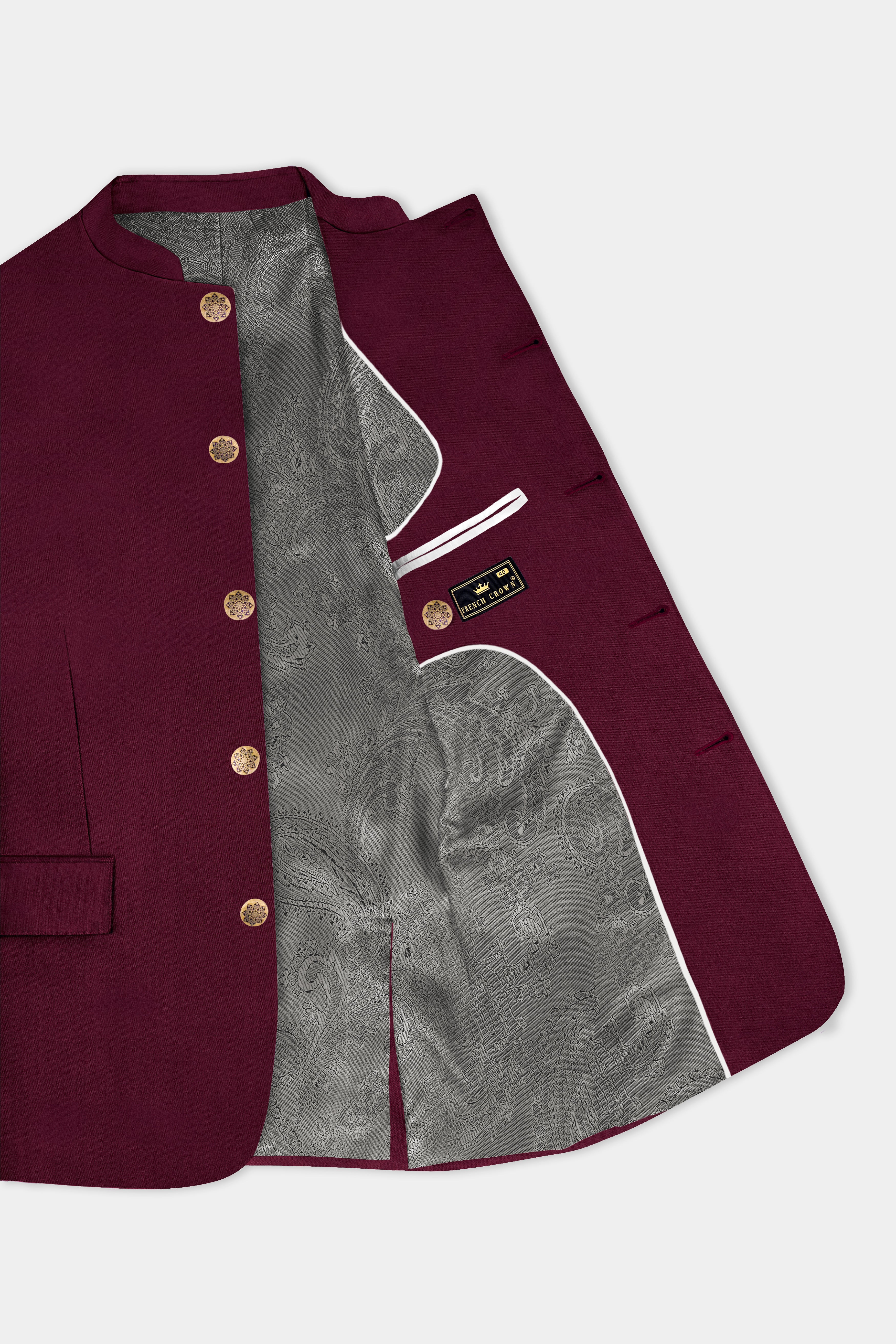 Regal Maroon-Tamarind Solid Wool Rich Bandhgala Slight Stretch Blazer