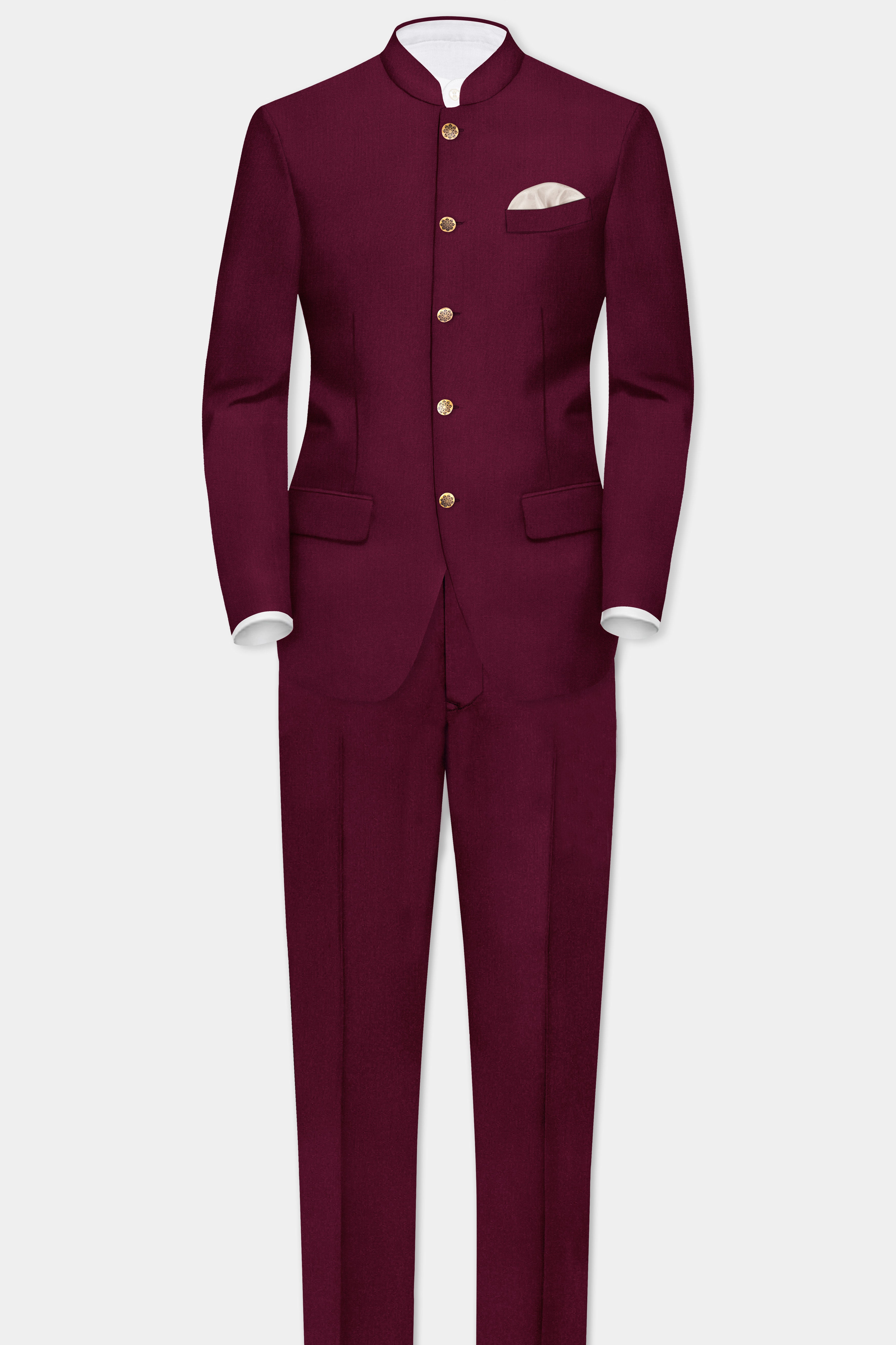 Regal Maroon-Tamarind Solid Wool Rich Bandhgala Slight Stretch Blazer