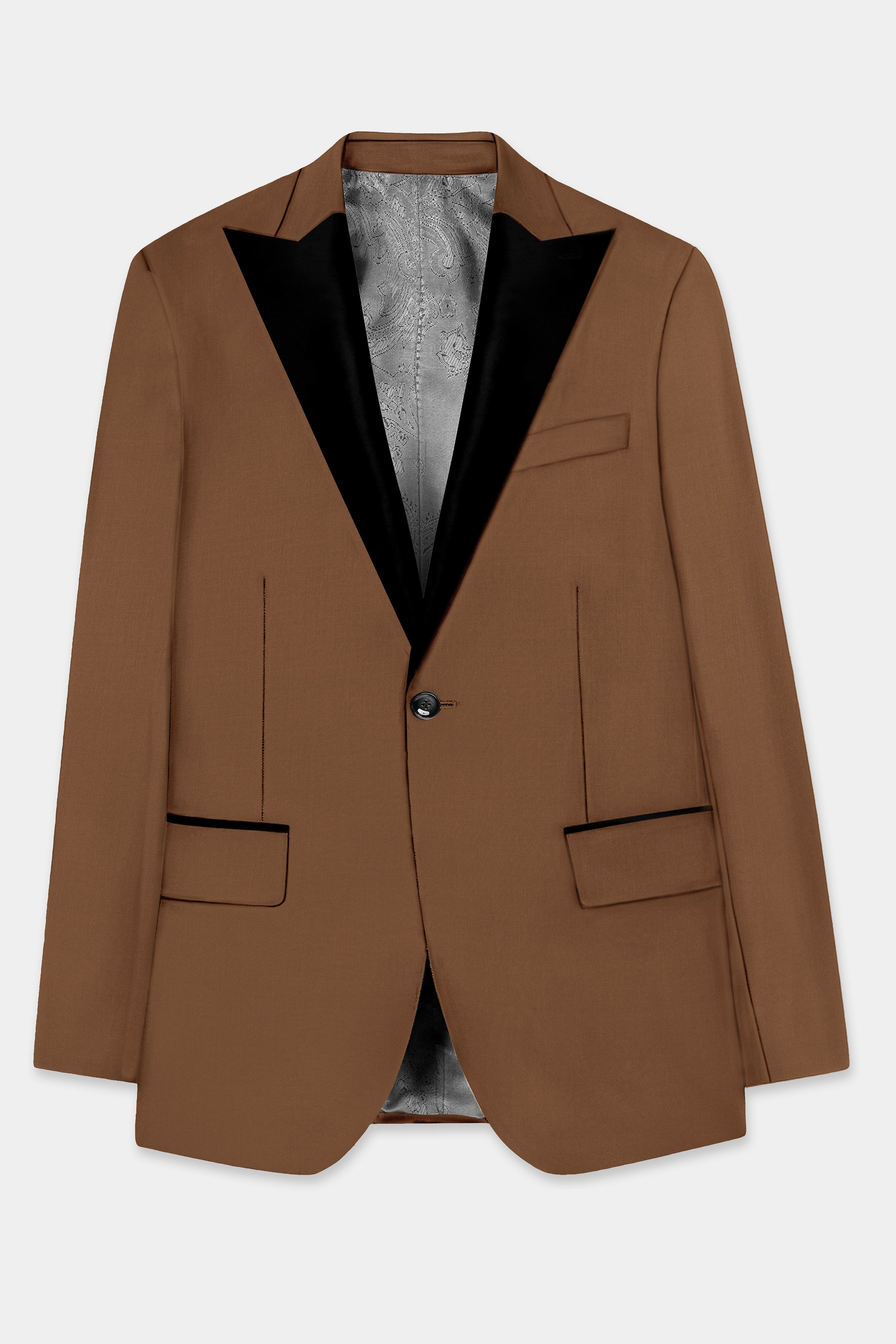 Bronze-Tawny Brown Solid Wool Rich Peak Lapel Tuxedo Slight Stretch Blazer