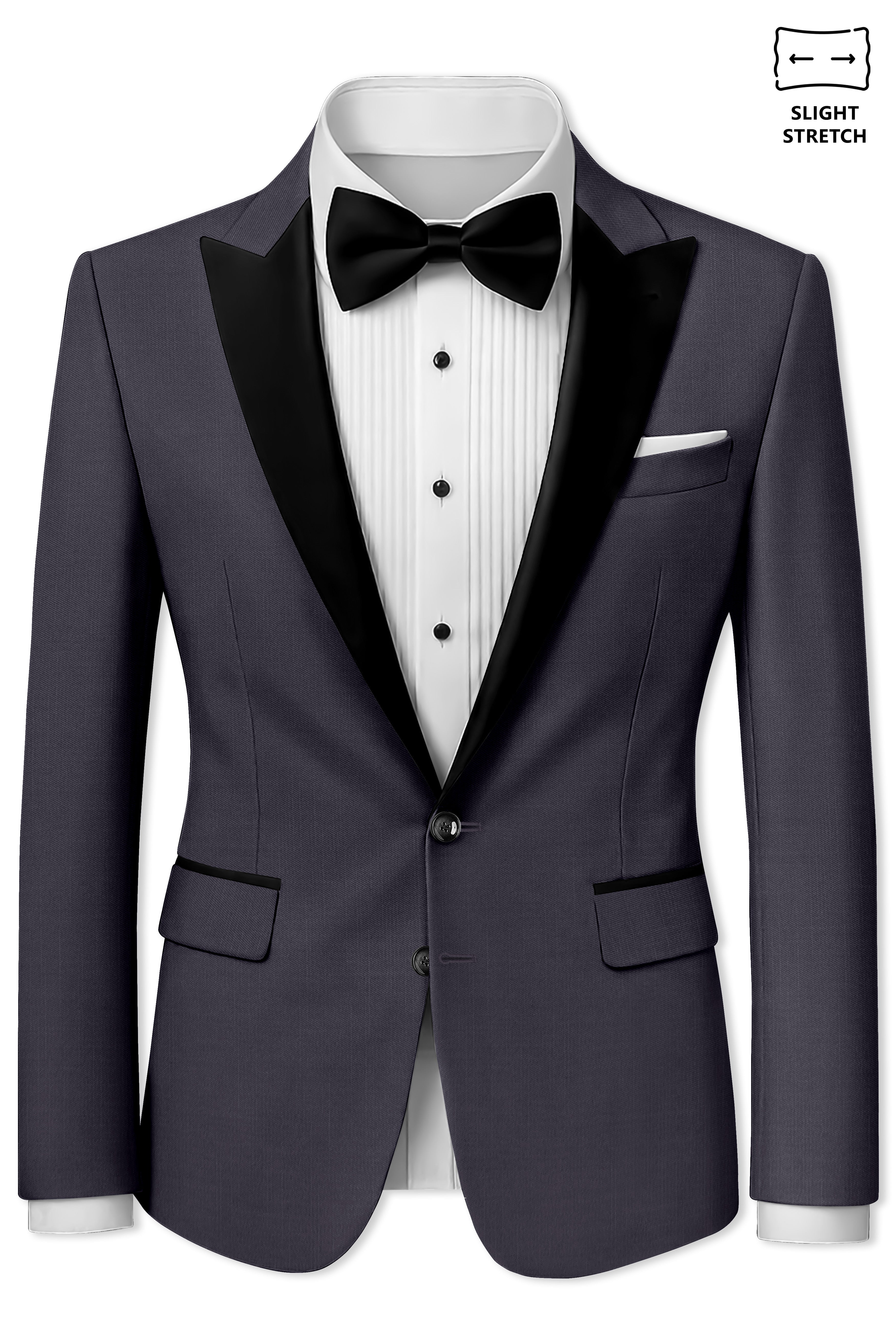 Sapphire-Glaucous Gray Solid Wool Rich Peak Lapel Tuxedo Slight Stretch Blazer