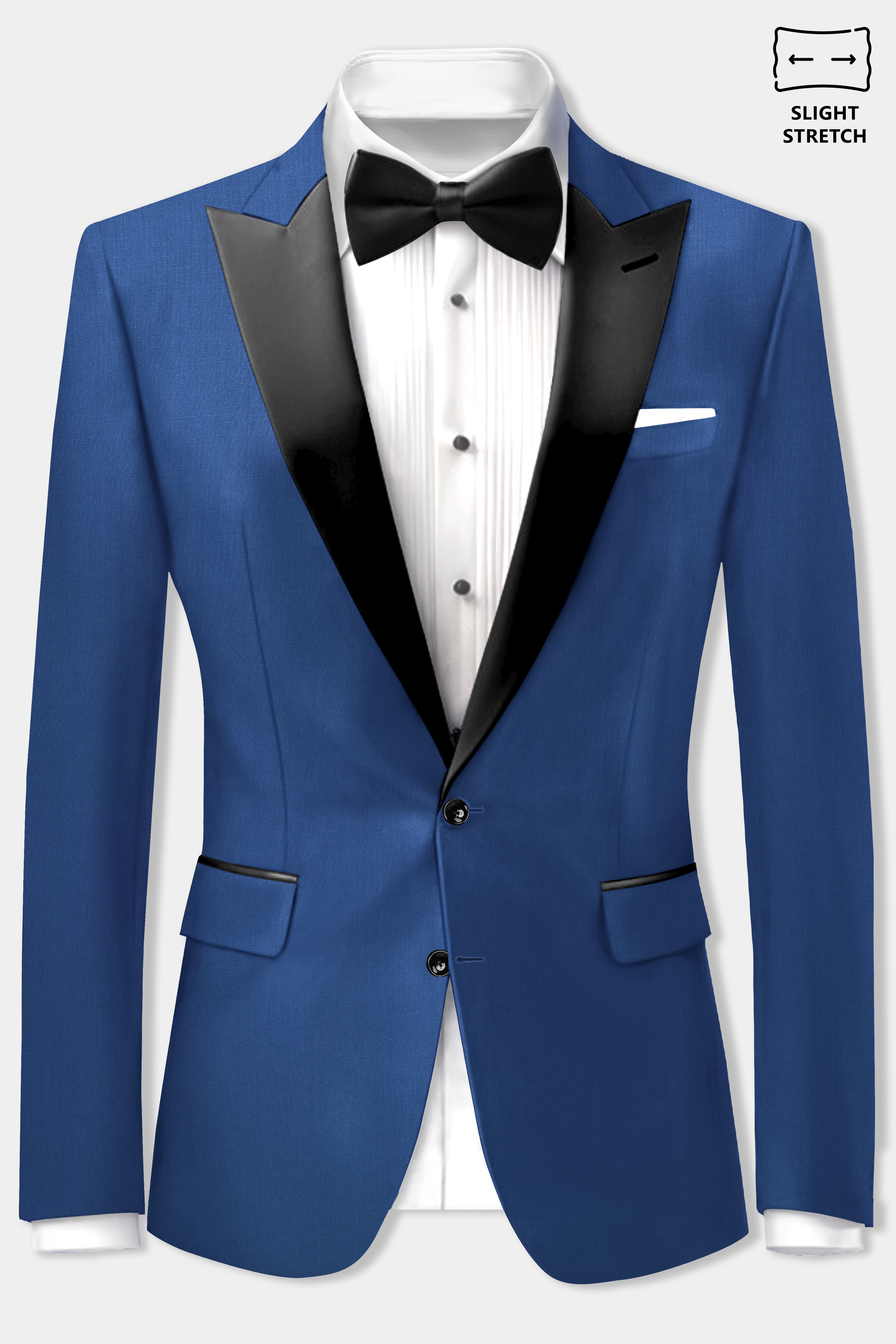 Cerulean Elite-Cobalt Blue Solid Wool Rich Peak Lapel Tuxedo Slight Stretch Blazer