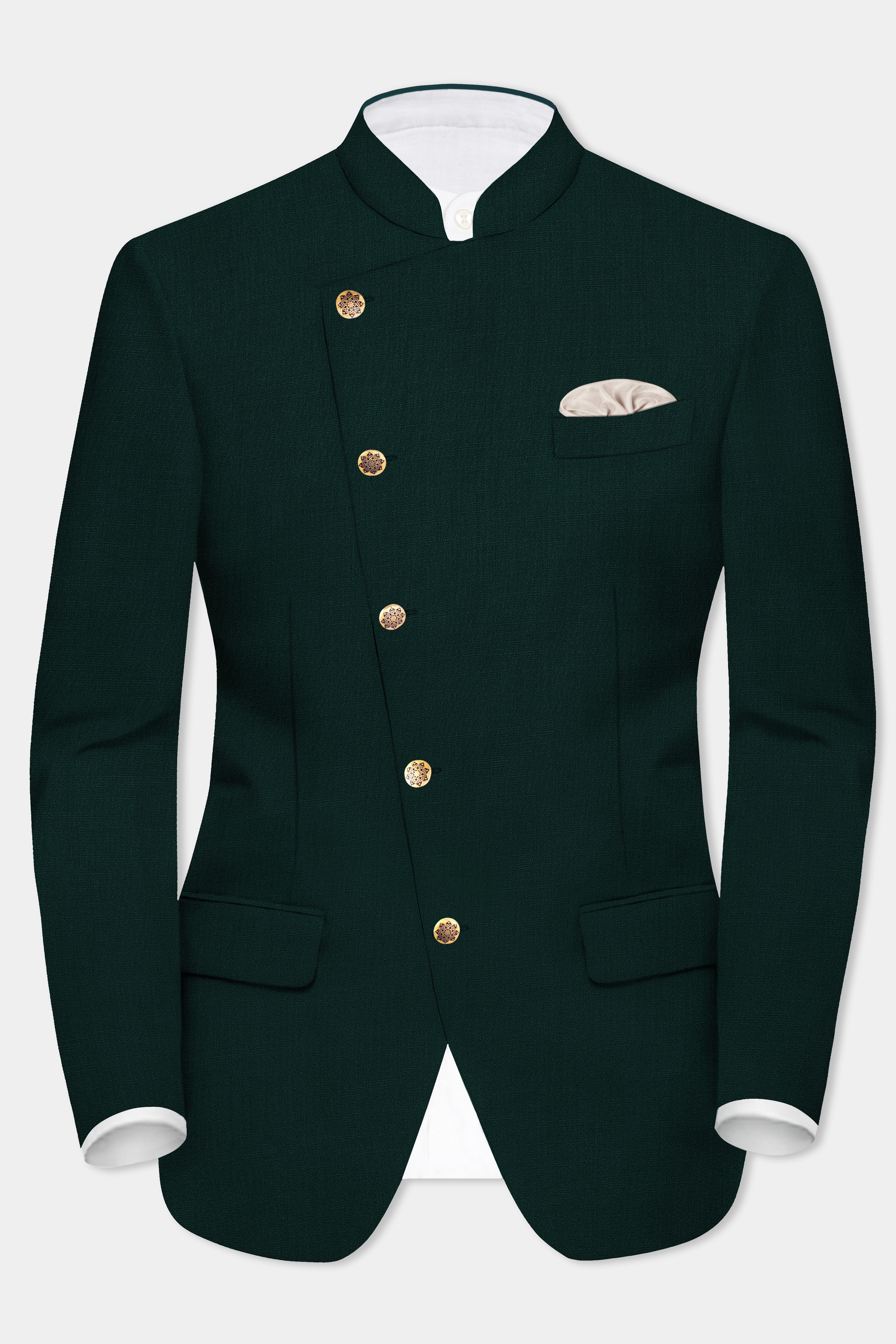 Emerald-Zucchini Green Solid Wool Rich Cross Placket Bandhgala Stretchable traveler Blazer