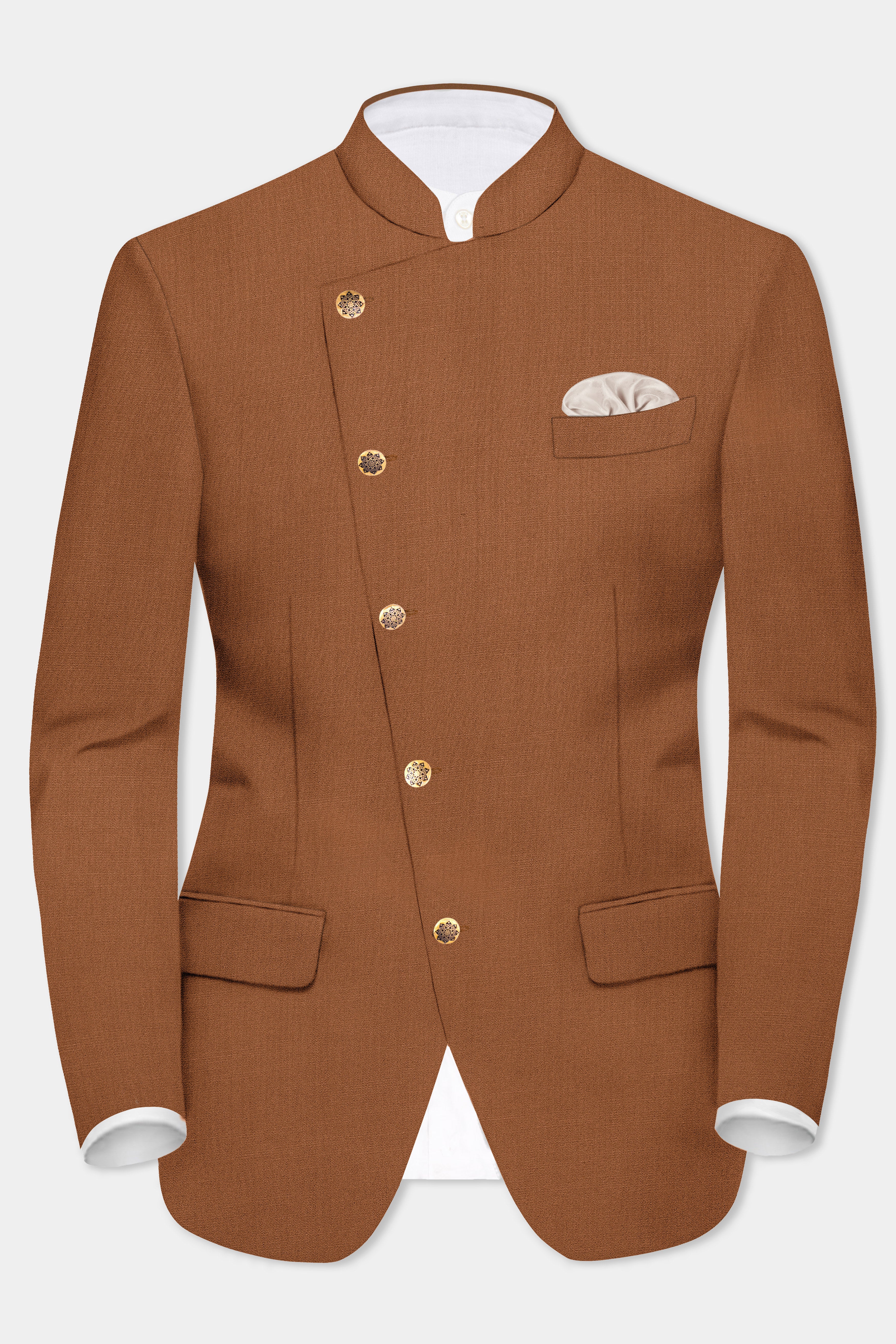 Cinnamon Oak-Sienna Brown Solid Wool Rich Cross Placket Bandhgala Stretchable traveler Blazer