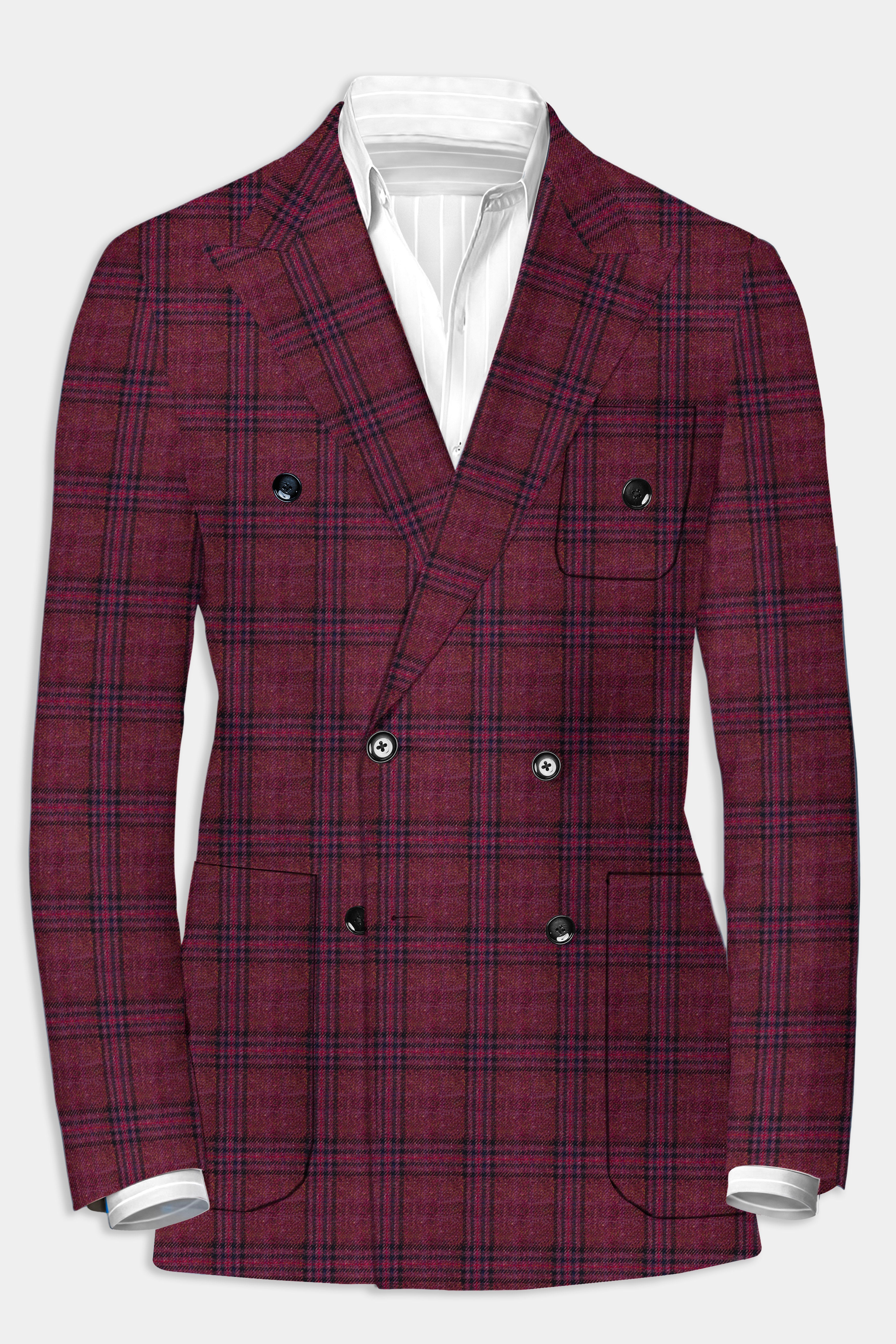 Berry Grid-Livid Maroon Plaid Tweed Double Breasted Sports Blazer