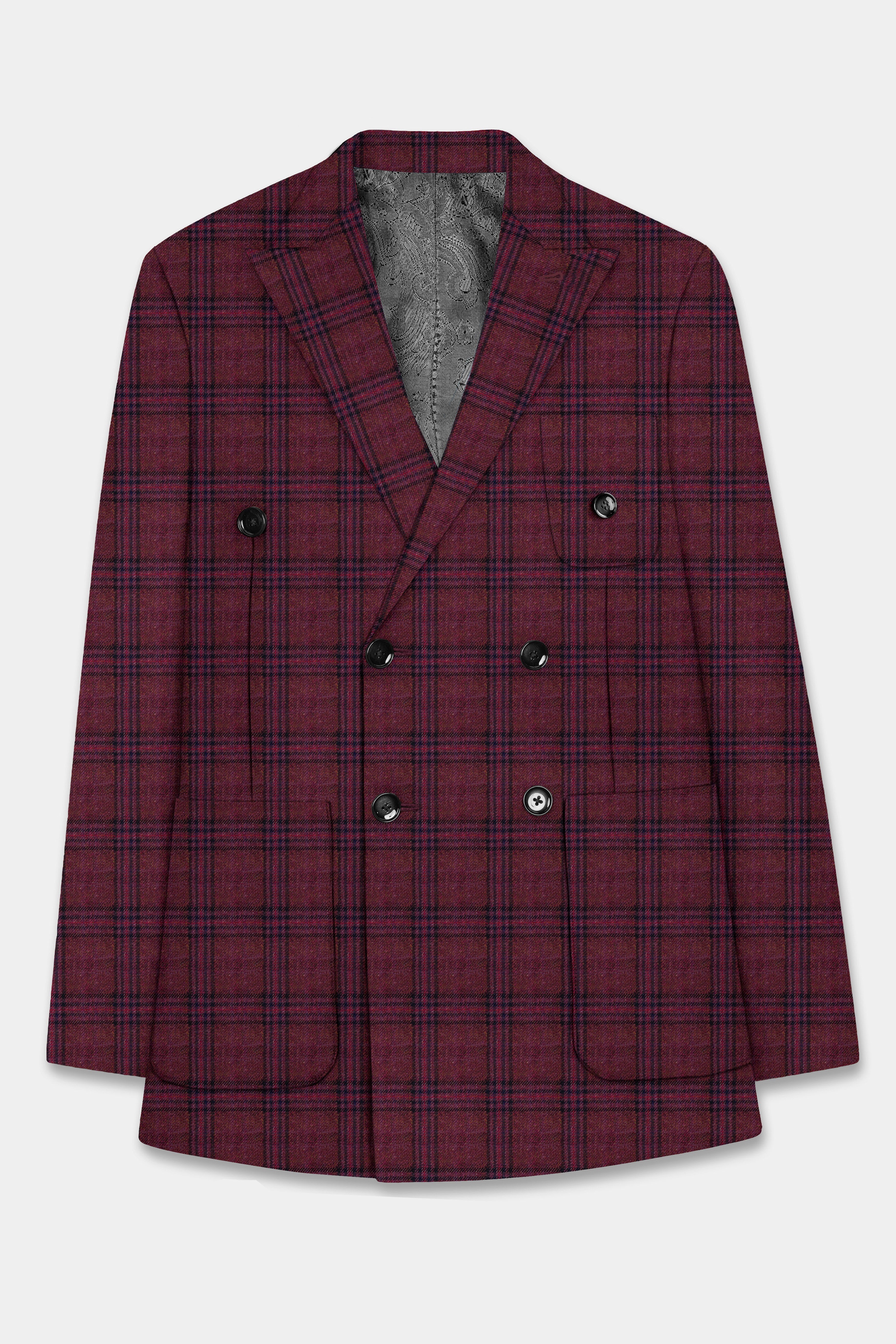 Berry Grid-Livid Maroon Plaid Tweed Double Breasted Sports Blazer