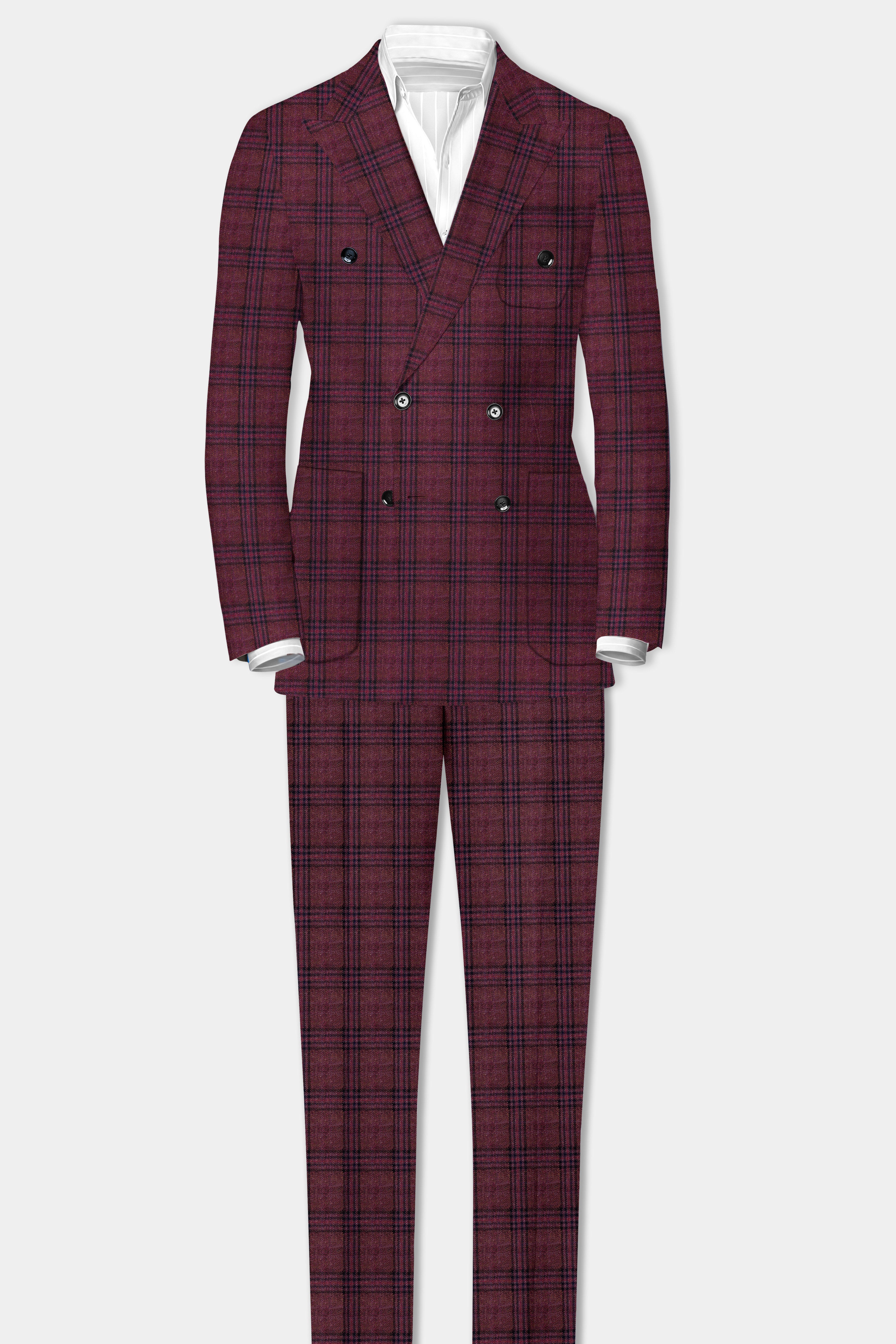 Berry Grid-Livid Maroon Plaid Tweed Double Breasted Sports Blazer