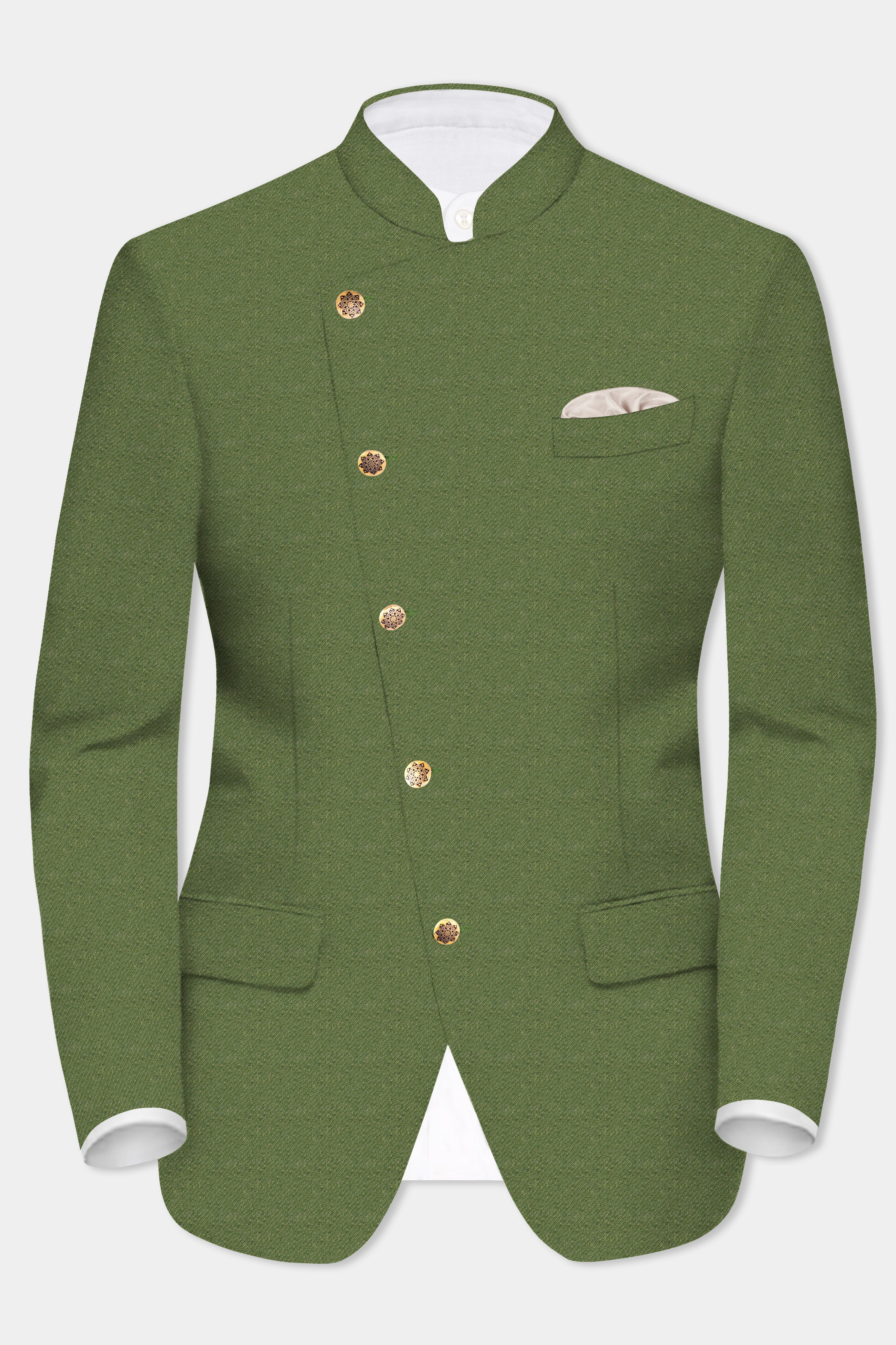 Verdure-Finch Green Solid Tweed Cross Placket Bandhgala Blazer