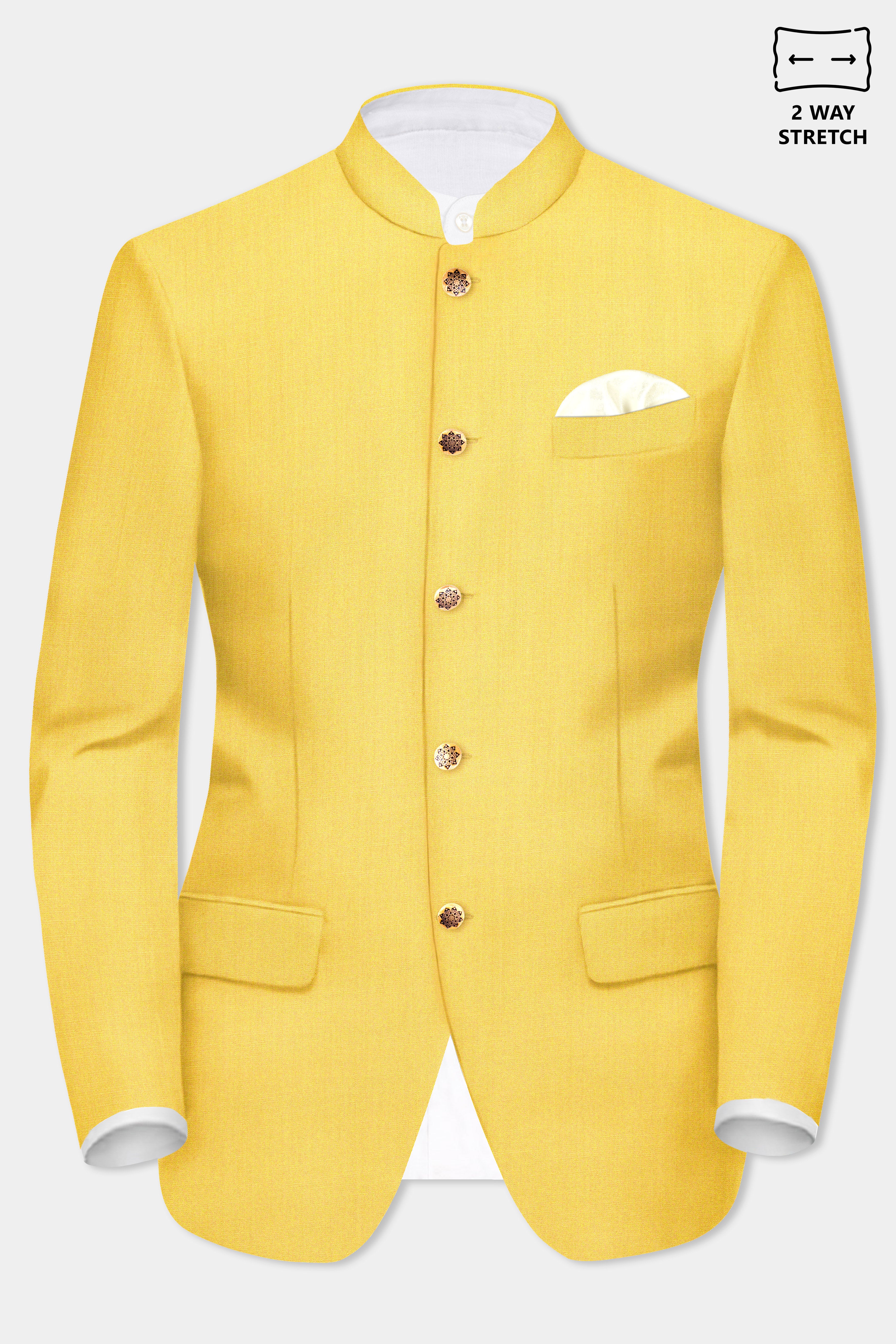 Saffron Elegance-Lemon Yellow Solid Wool Rich Bandhgala Stretchable traveler Blazer