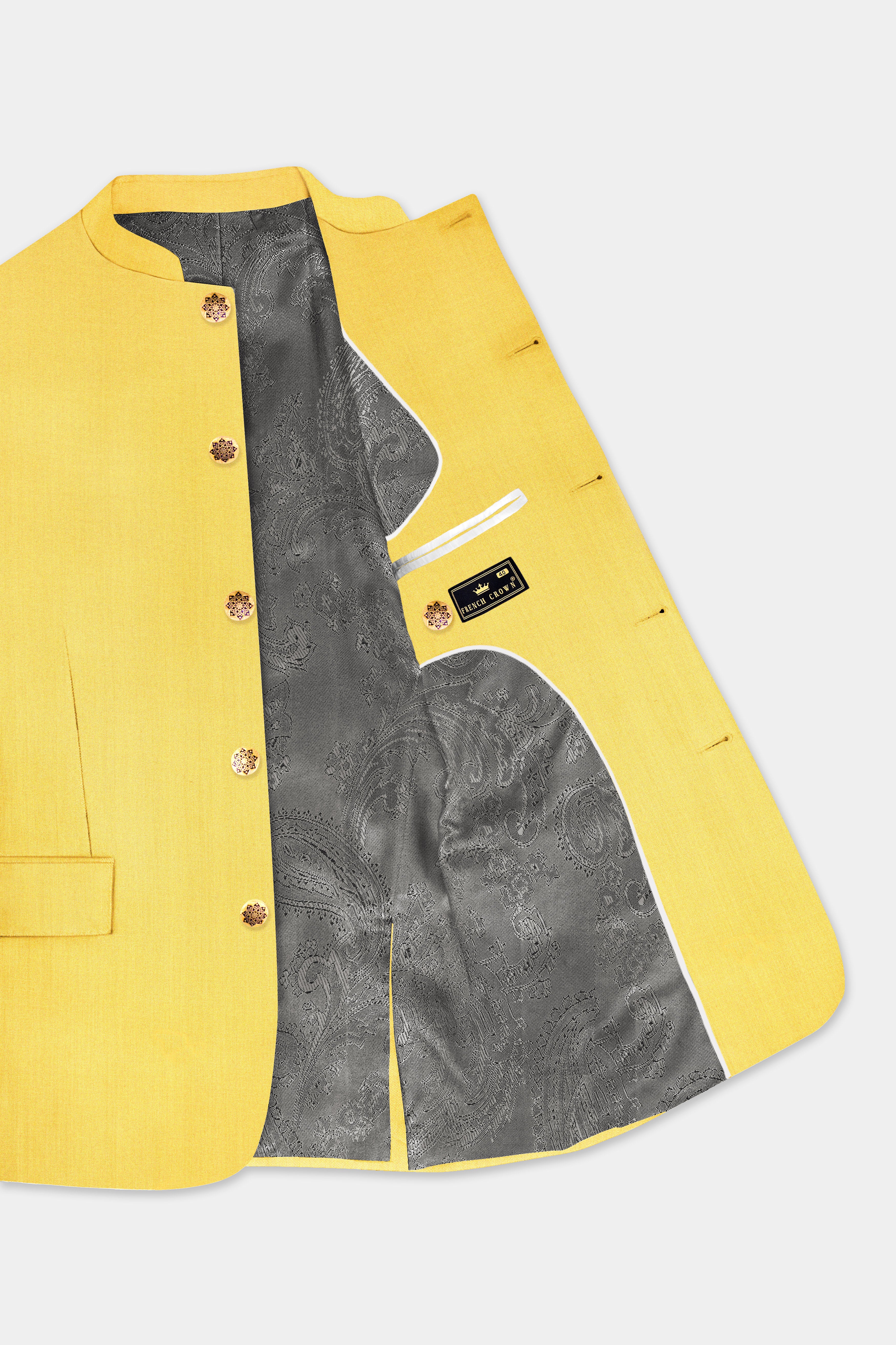 Saffron Elegance-Lemon Yellow Solid Wool Rich Bandhgala Slight Stretch Blazer