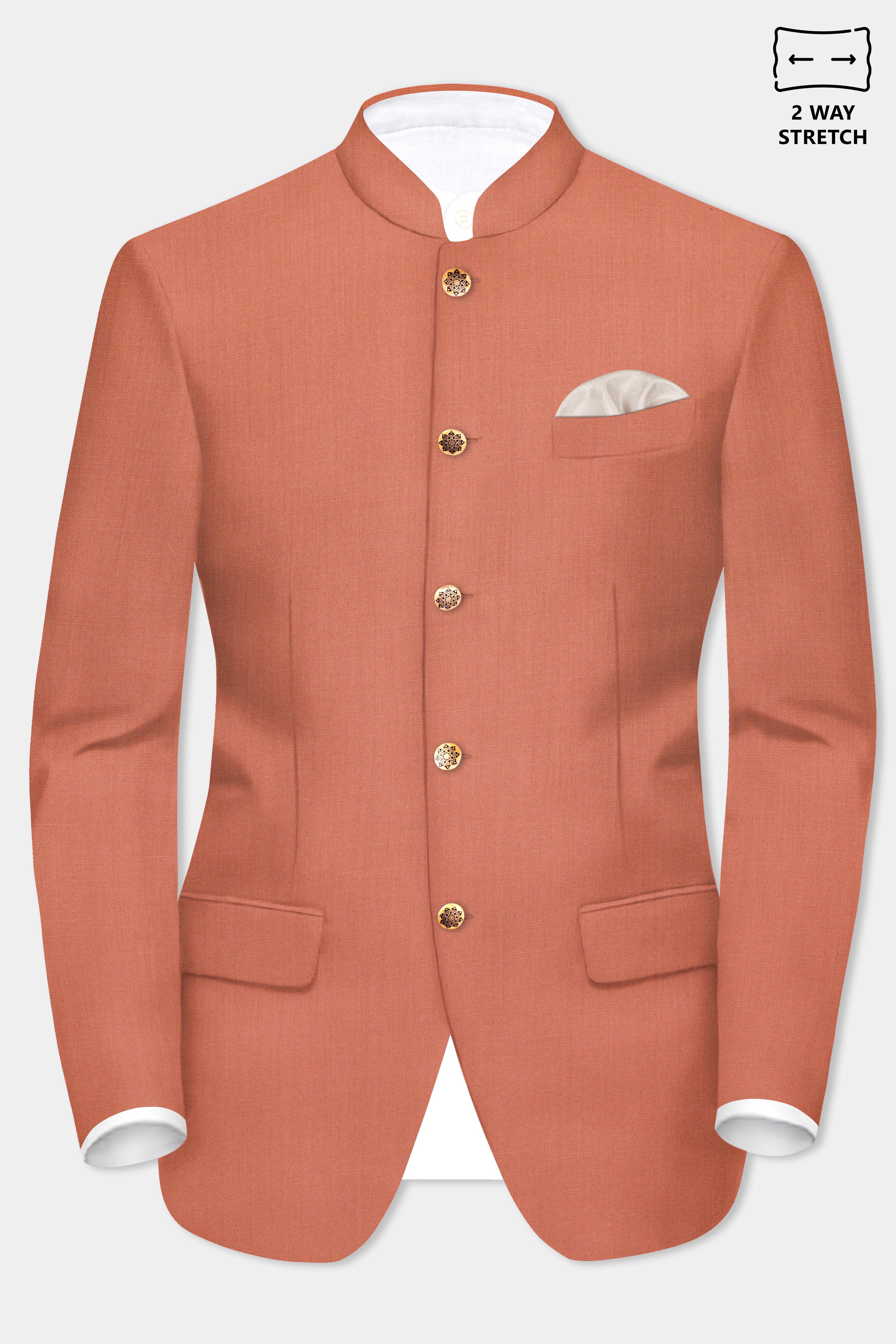 Spiced Sunset-Salmon Orange Solid Wool Rich Bandhgala Stretchable traveler Blazer