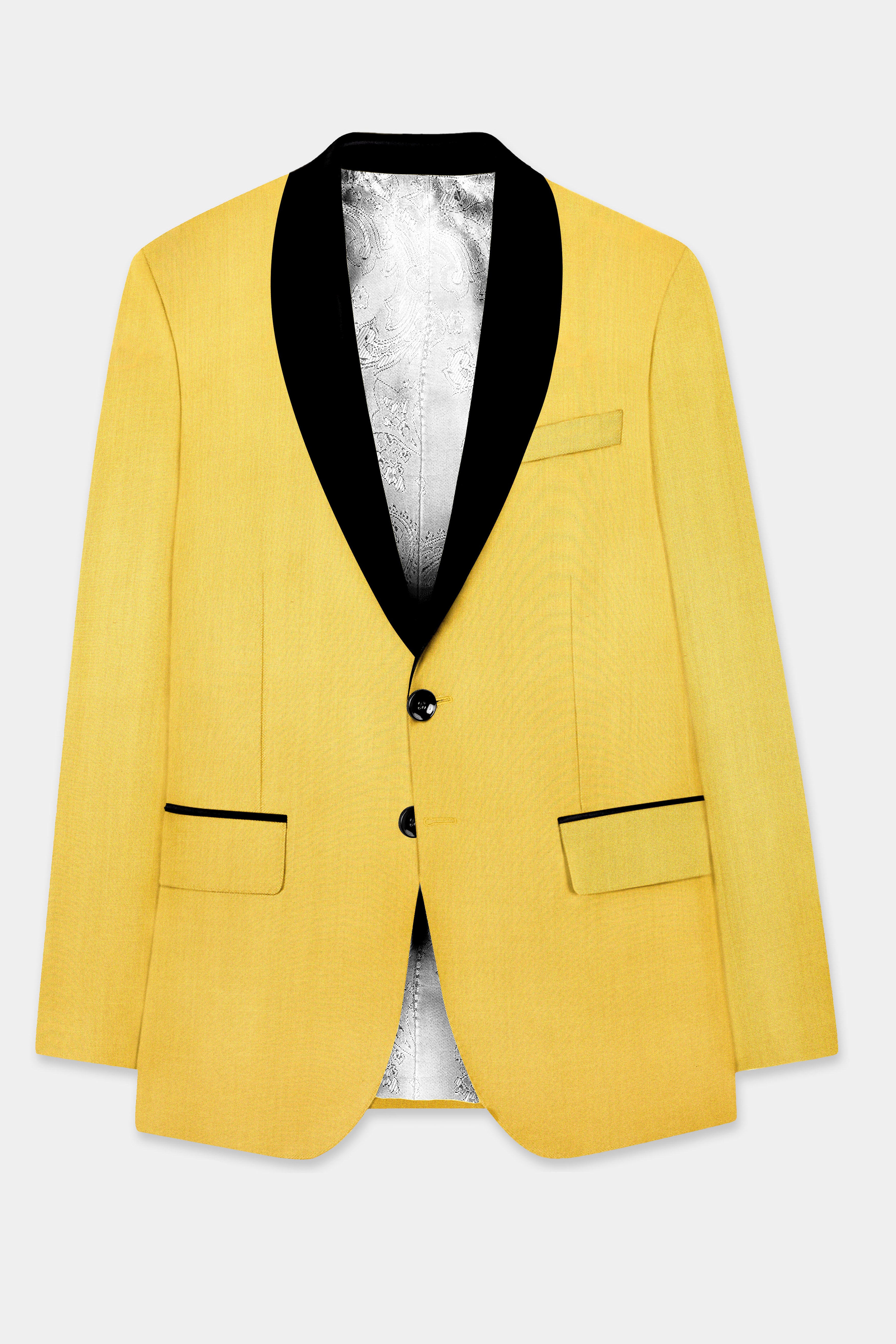 Saffron Elegance-Lemon Yellow Solid Wool Rich Tuxedo Slight Stretch Blazer